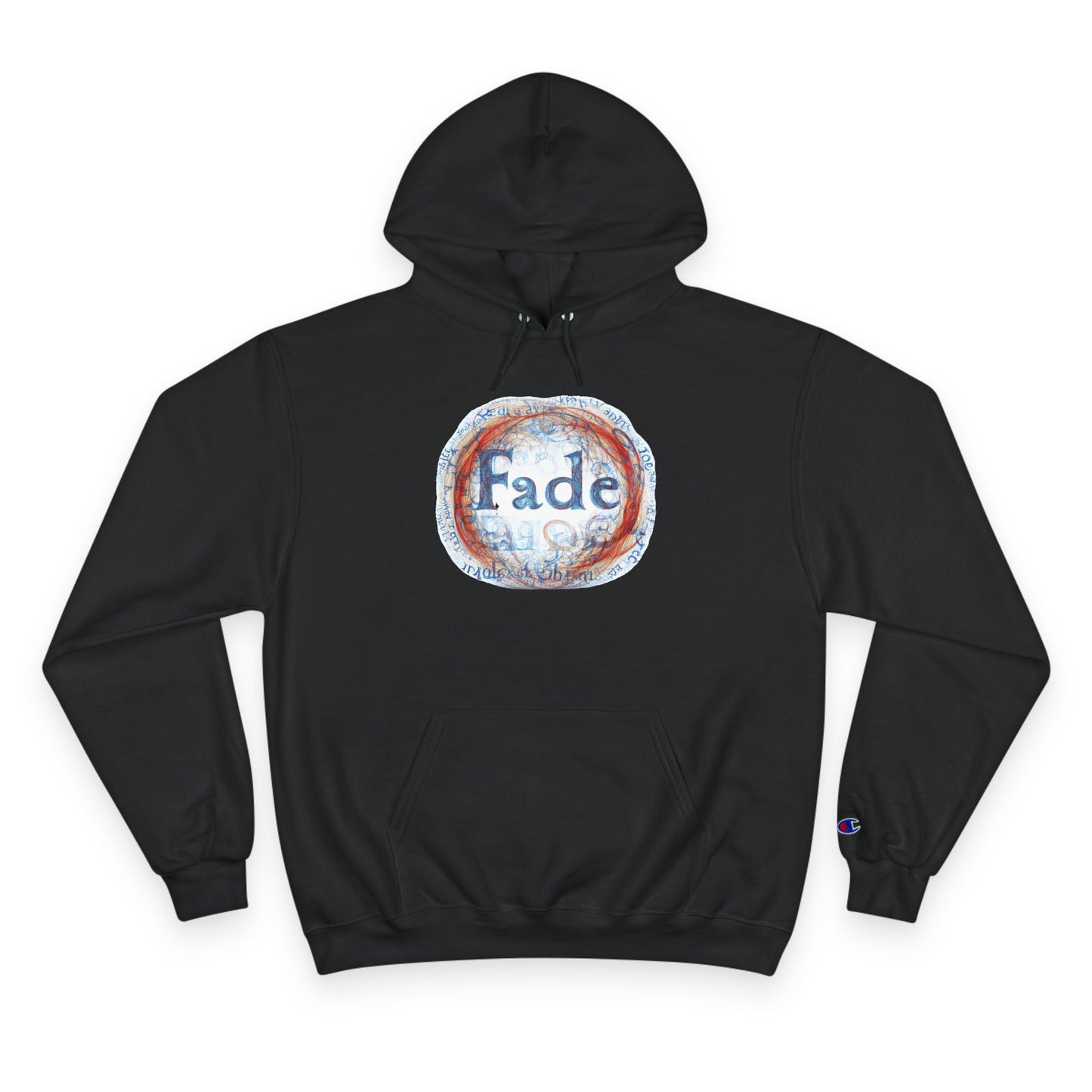 Black unisex hoodie featuring a "Fade" graphic design with artistic text and swirls. A stylish and bold piece, perfect for casual or streetwear fashion.