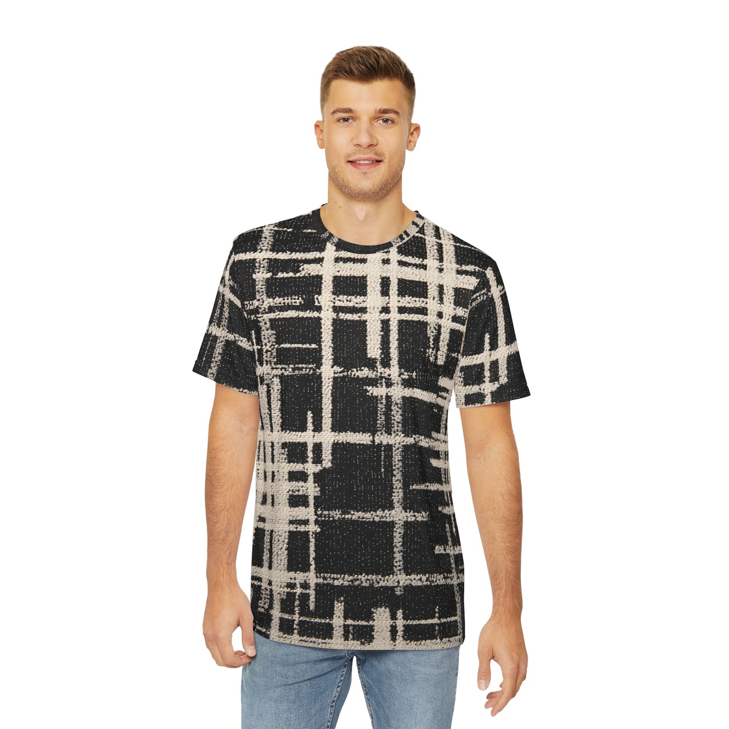 Men’s T-shirt with abstract beige and black check pattern, worn by model for modern streetwear style.