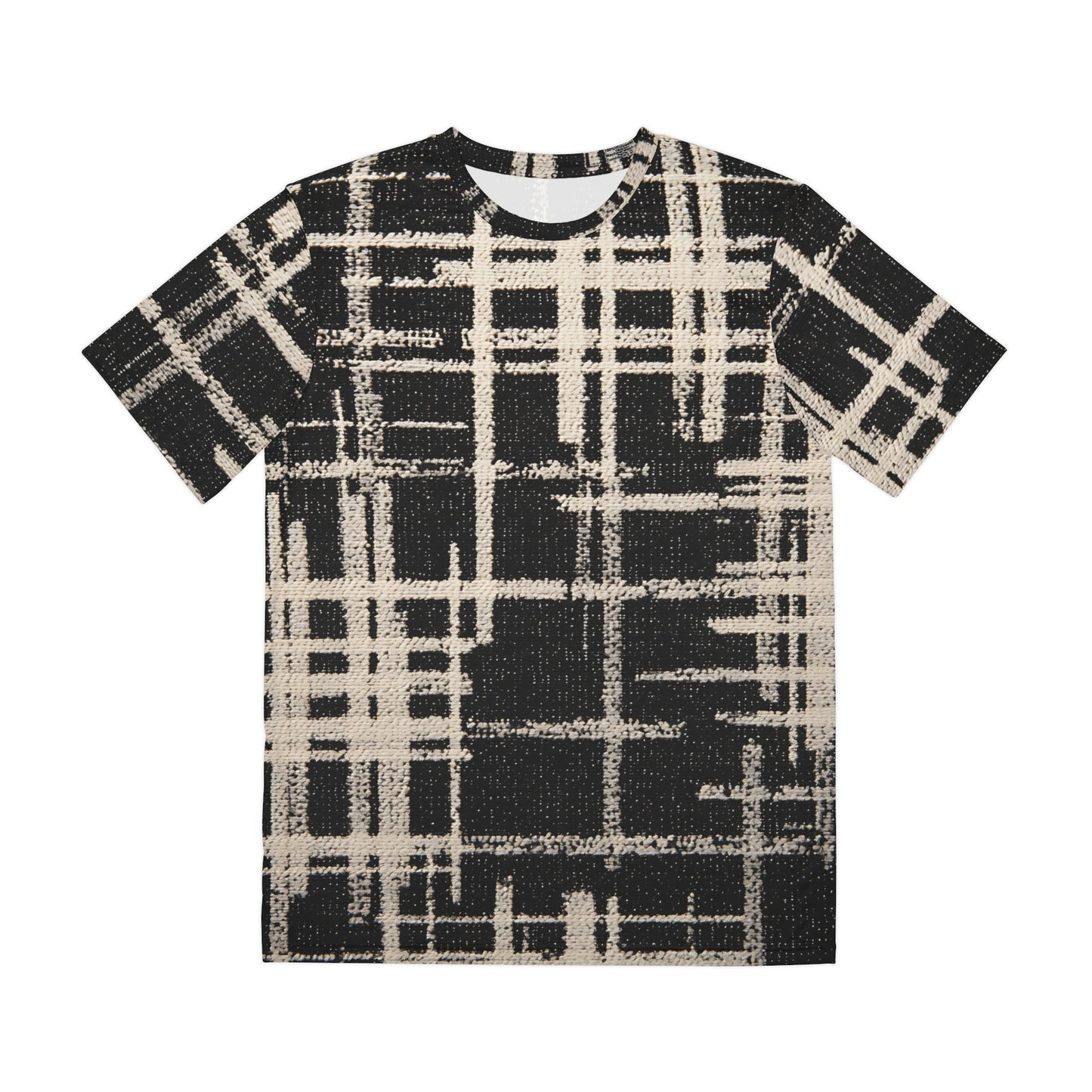 Front view of men’s T-shirt featuring abstract geometric check pattern in beige and black for modern casual fashion.
