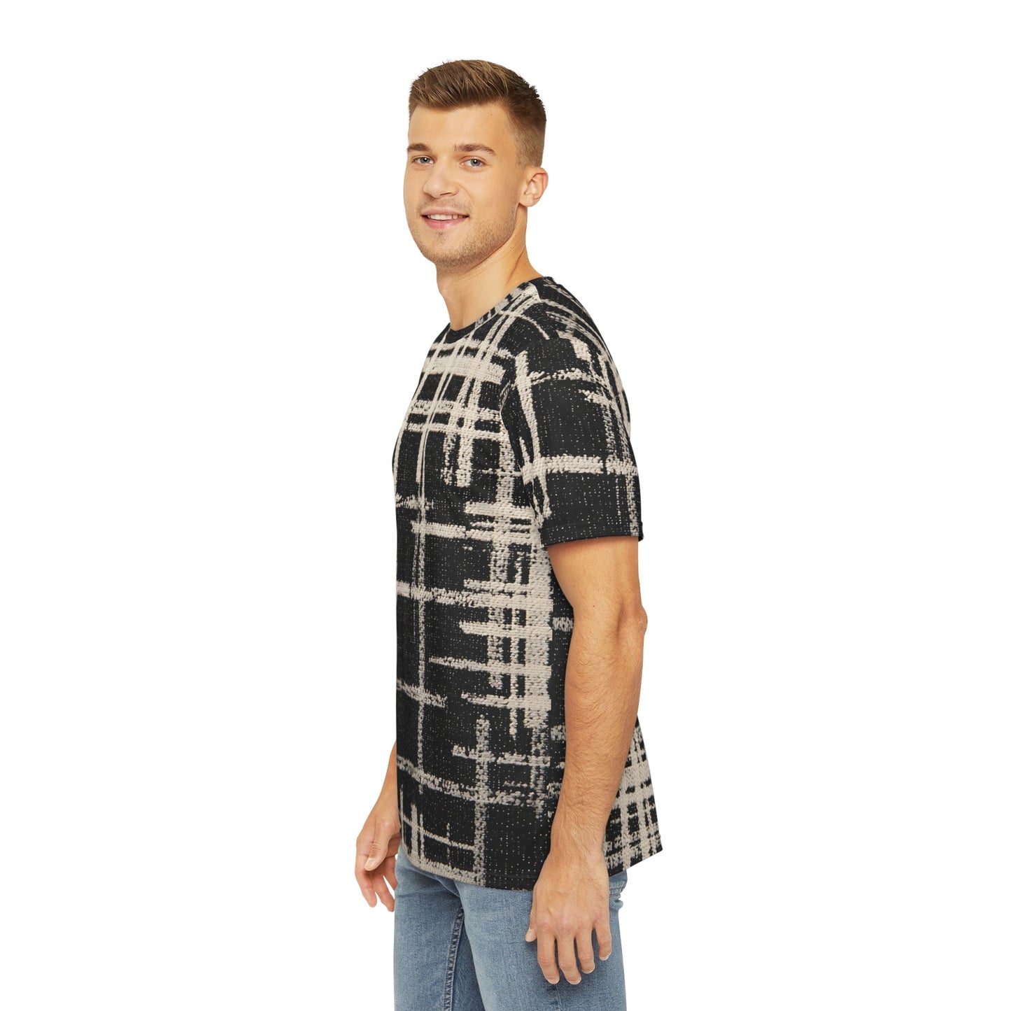 Side view of men’s T-shirt with abstract beige and black plaid print, styled for modern casual fashion.