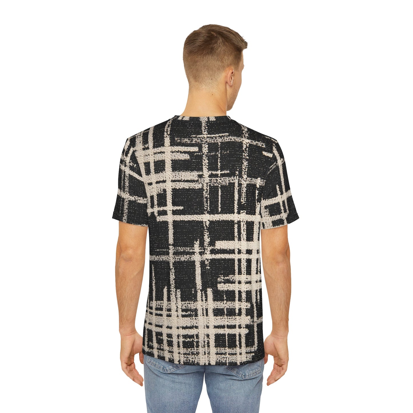 Back view of men’s T-shirt featuring bold beige and black geometric grid pattern for modern streetwear.