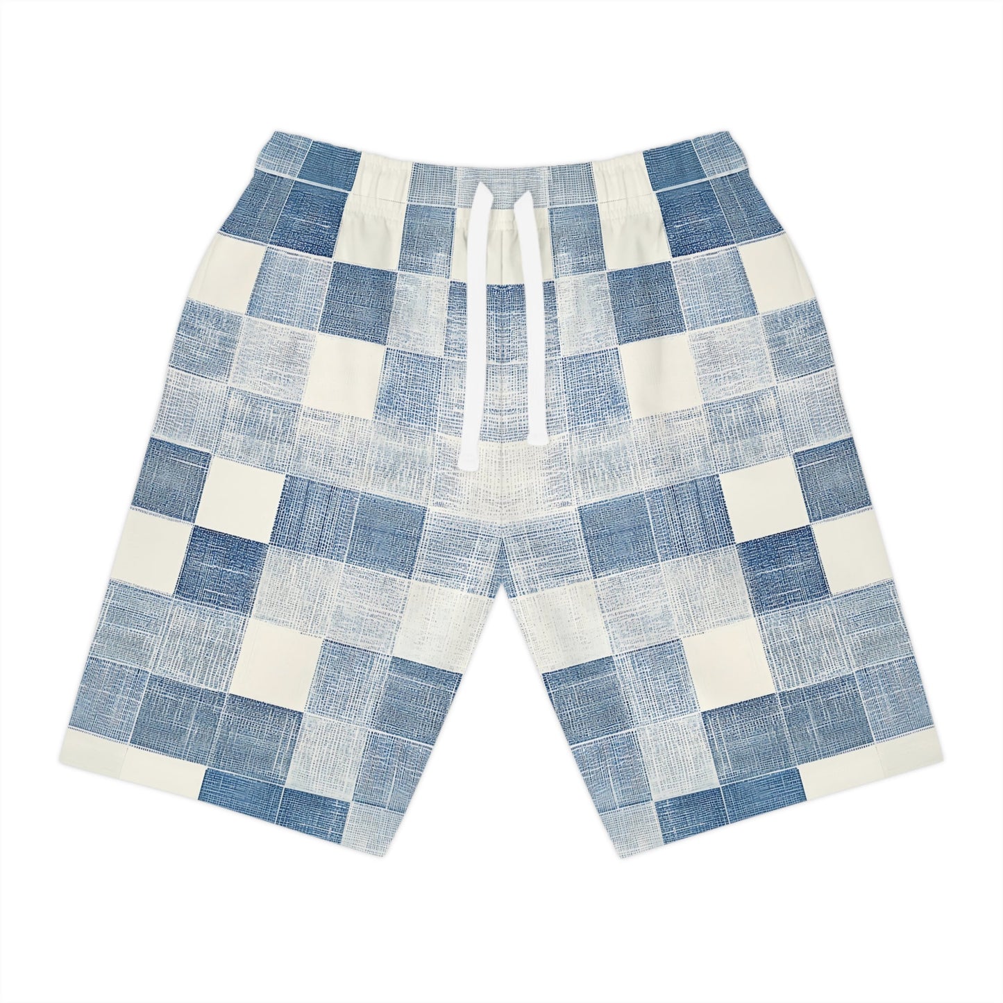 Men’s blue and white checkerboard shorts with textured grid pattern and drawstring waist—stylish and comfortable design for summer or casual wear.