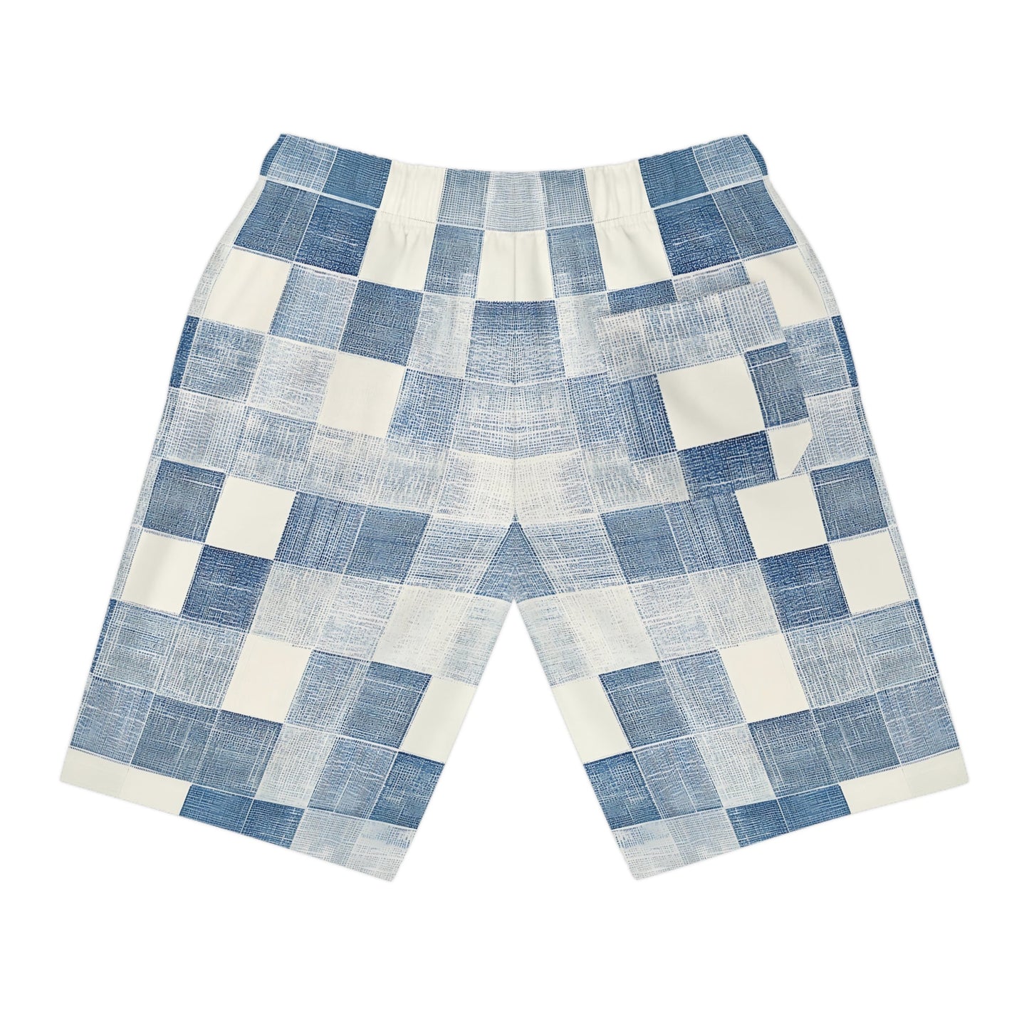 Back view of men’s blue and white checkerboard shorts featuring a textured grid pattern and rear pocket—casual summerwear with stylish graphic detail.