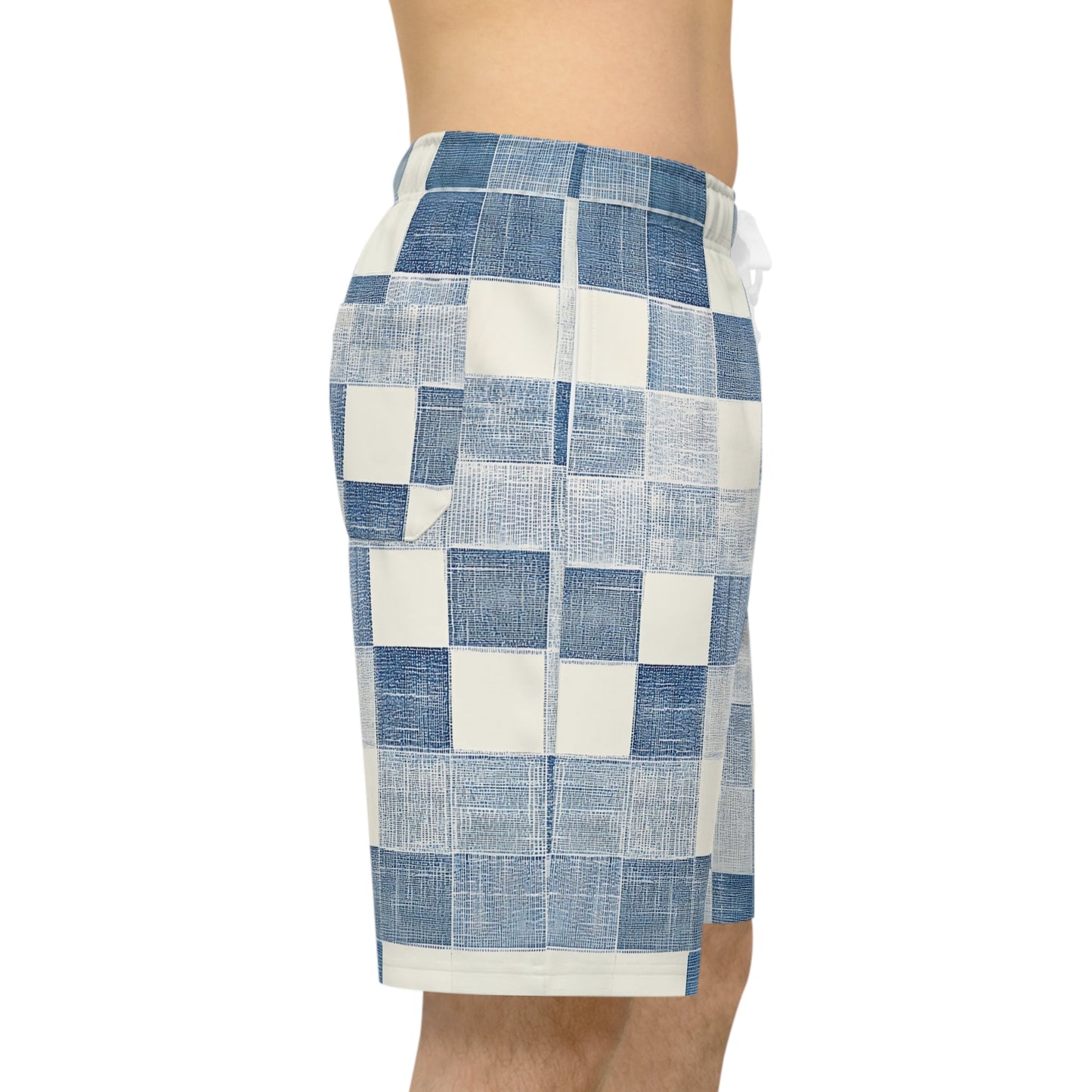 Side view of man wearing blue and white checkerboard men’s shorts with elastic waistband and pocket—lightweight and stylish option for summer wear.