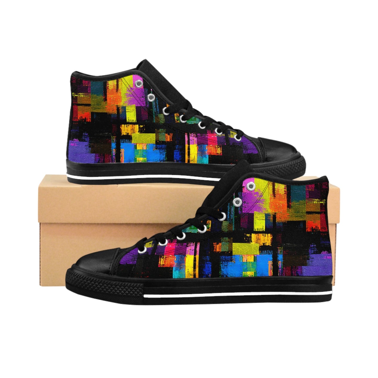 Men’s high-top sneakers in black with bold multicolor abstract brushstroke pattern—featuring vivid red, yellow, purple, and blue panels, displayed on a shoebox for a vibrant artistic fashion statement.