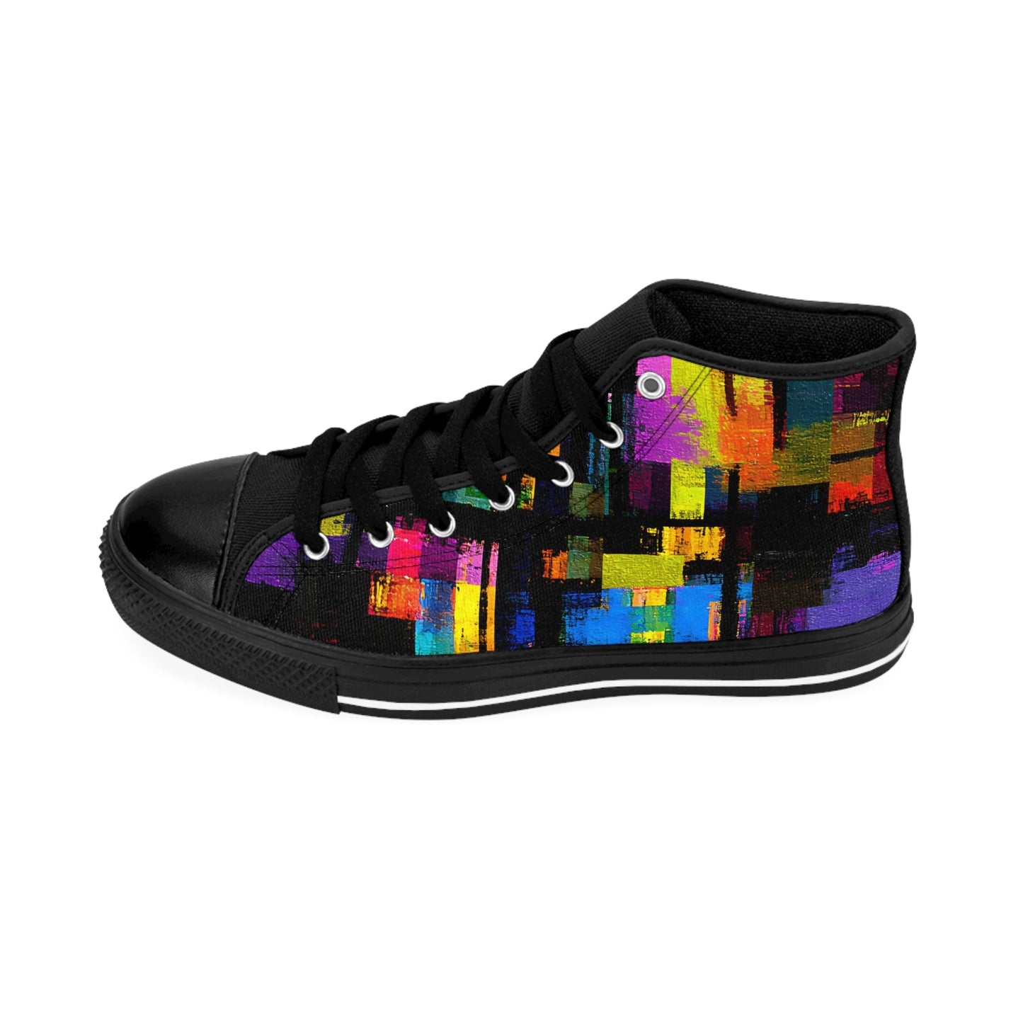 Side view of men’s high-top sneaker in black with vibrant abstract paint pattern—featuring bold strokes in red, yellow, blue, orange, and purple on a black canvas for a striking urban look.