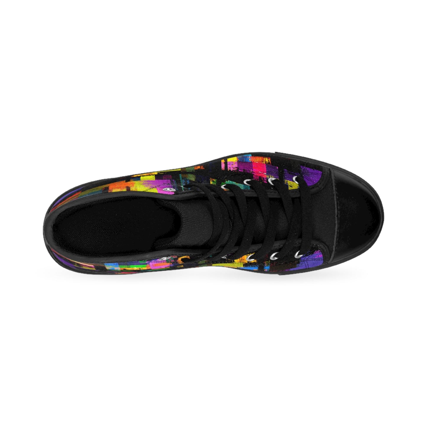 Top view of men’s high-top sneaker in black with vivid multicolor abstract brushstroke design—featuring bold red, yellow, purple, and blue tones for a dynamic streetwear aesthetic.