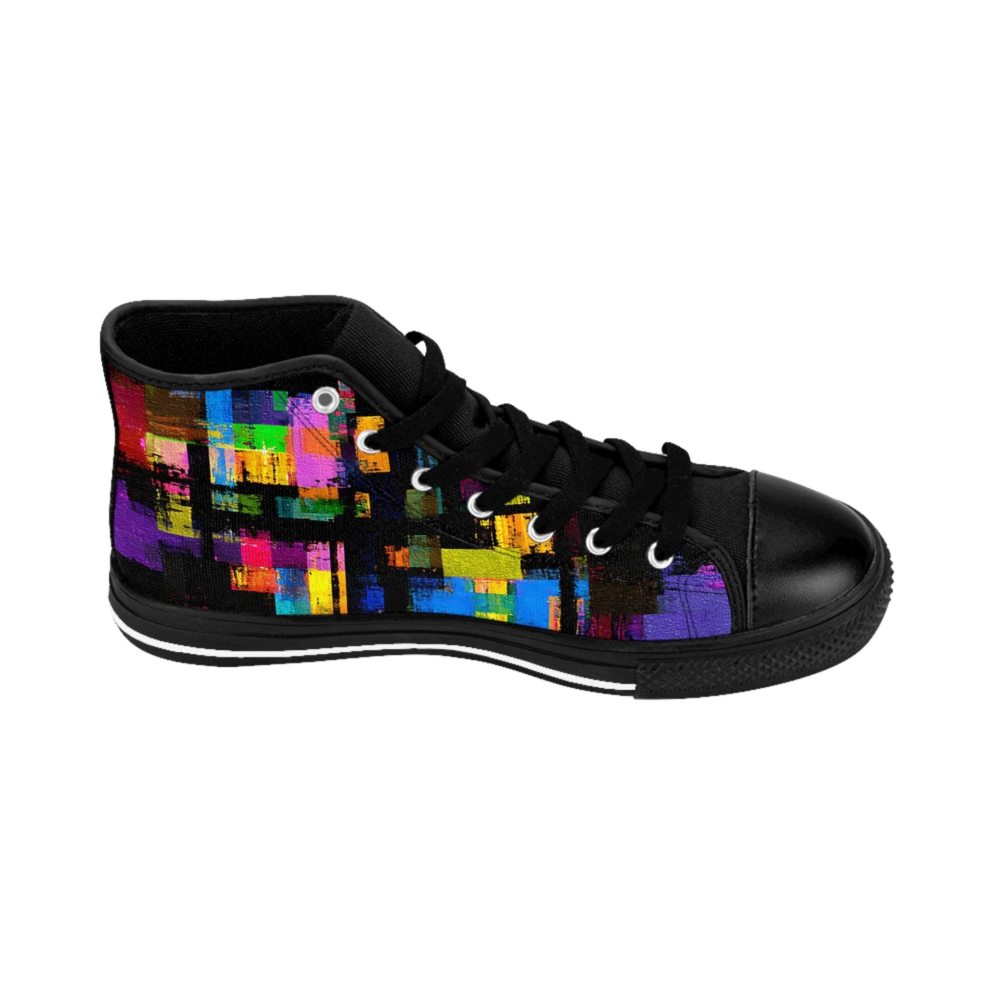 Men’s high-top sneaker in black with multicolor abstract grid design—featuring vivid brushstroke blocks in yellow, blue, pink, green, and orange for a bold, artistic streetwear look.