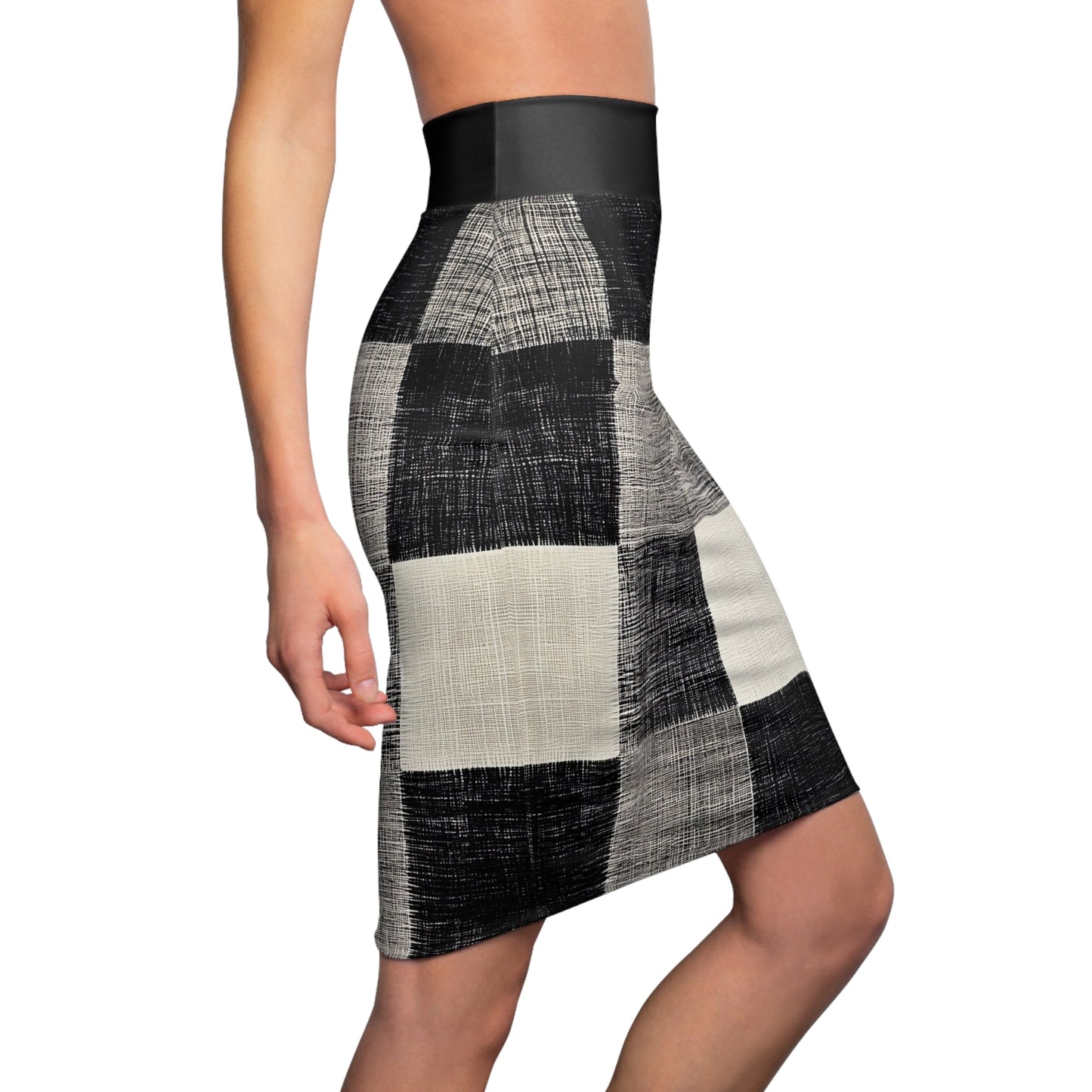 The lower body of a woman facing right, wearing a pencil skirt featuring a unique roll-to-roll all-over print.