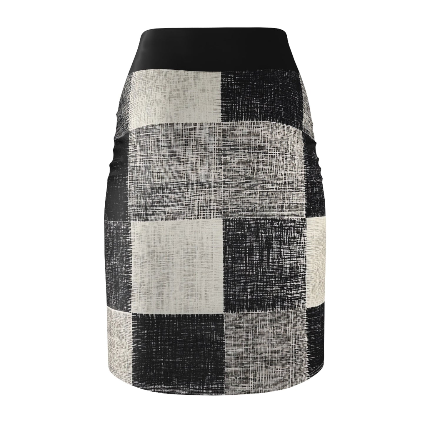 The back of a pencil skirt featuring a unique roll-to-roll all-over print.