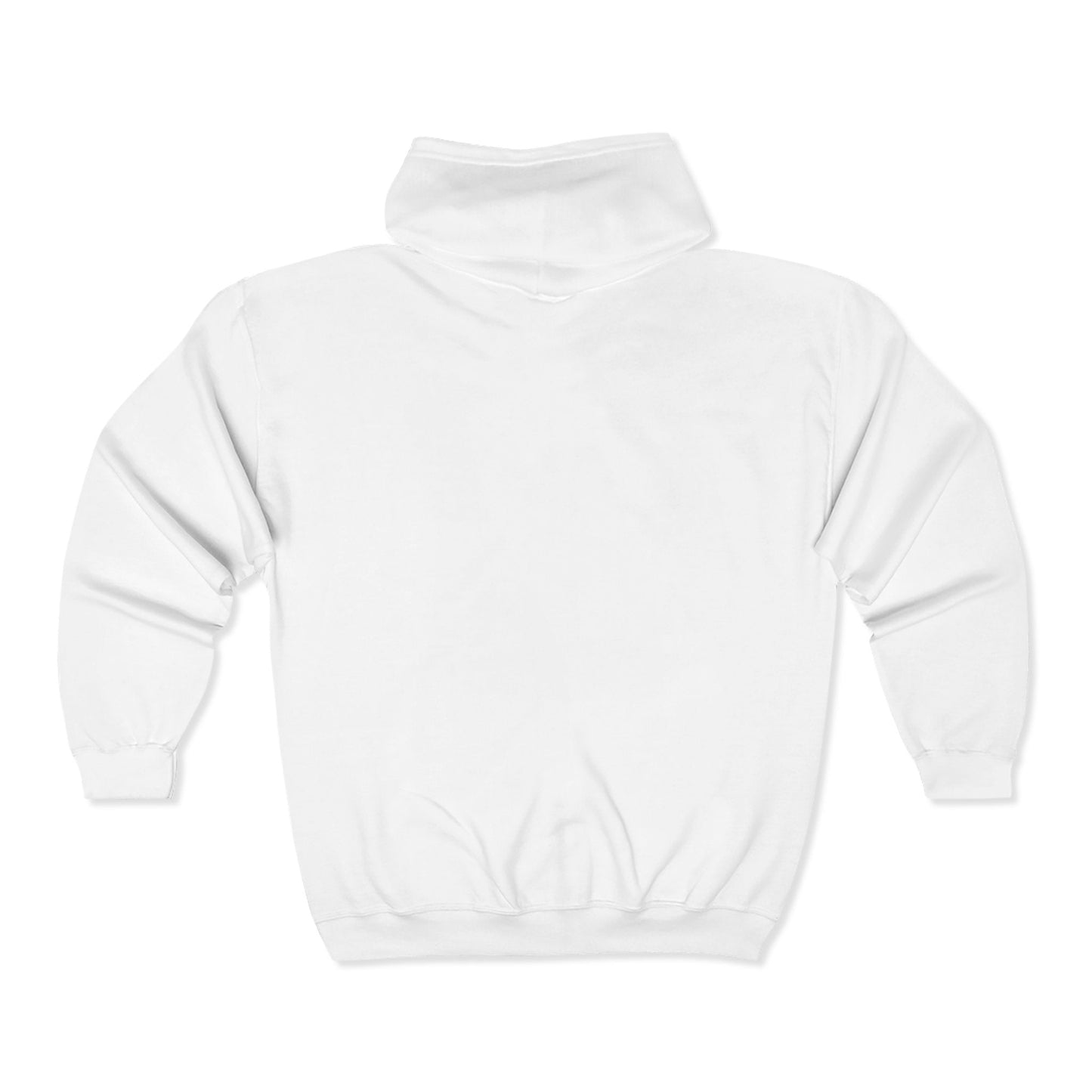 Back view of White Unisex Full-Zip Hoodie – Minimalist Design with Hood and Ribbed Cuffs, Ideal for Layered Streetwear and Everyday Comfort.