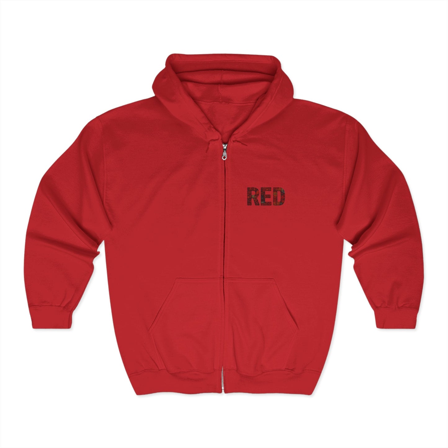Unisex Full-Zip Hoodie in Red with Black Distressed “RED” Text on Chest – Bold Streetwear Style Featuring Front Kangaroo Pockets and Ribbed Cuffs.