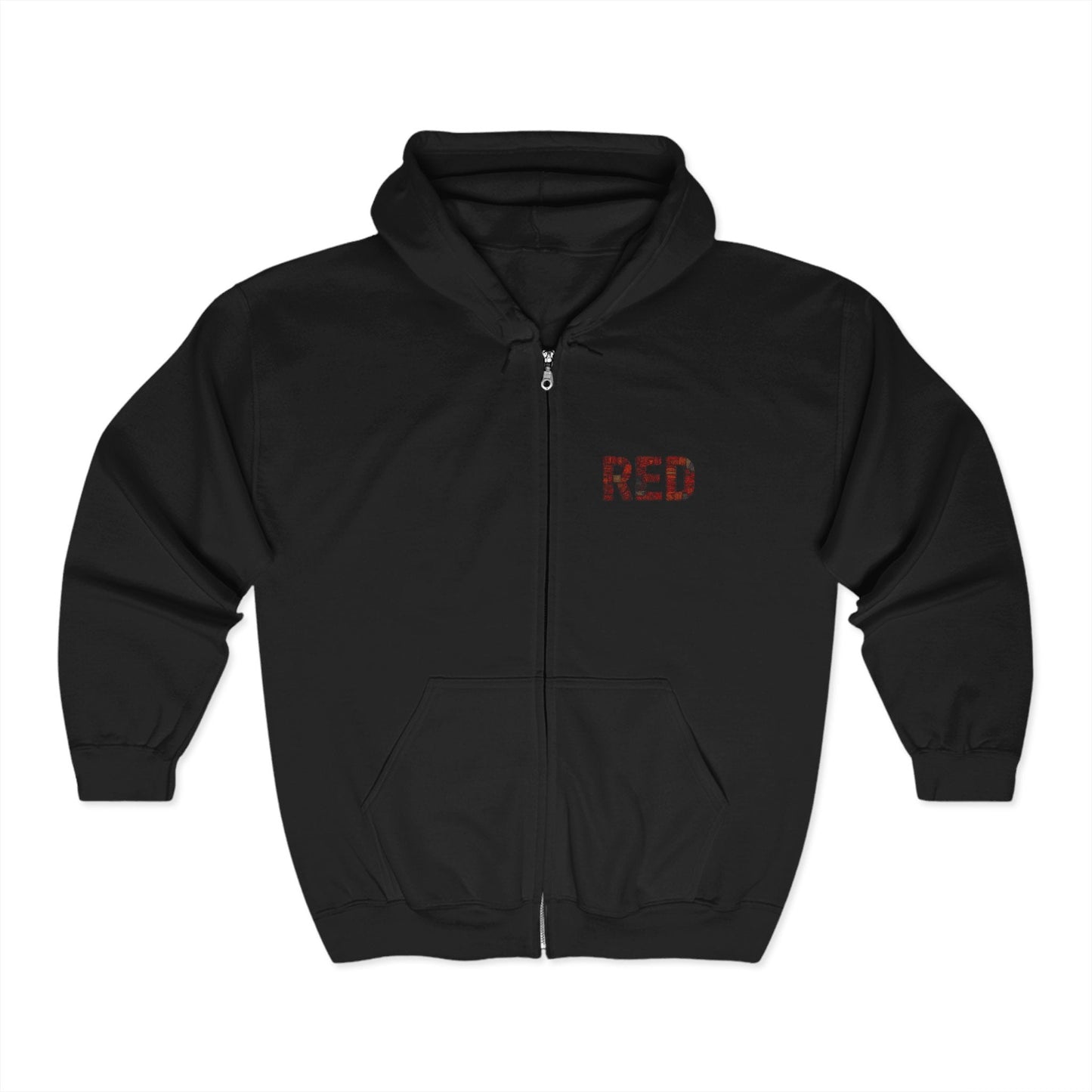 Unisex Full-Zip Hoodie in Black with Distressed “RED” Text Graphic on Chest – Modern Minimalist Streetwear Featuring Front Pockets and Ribbed Hems.