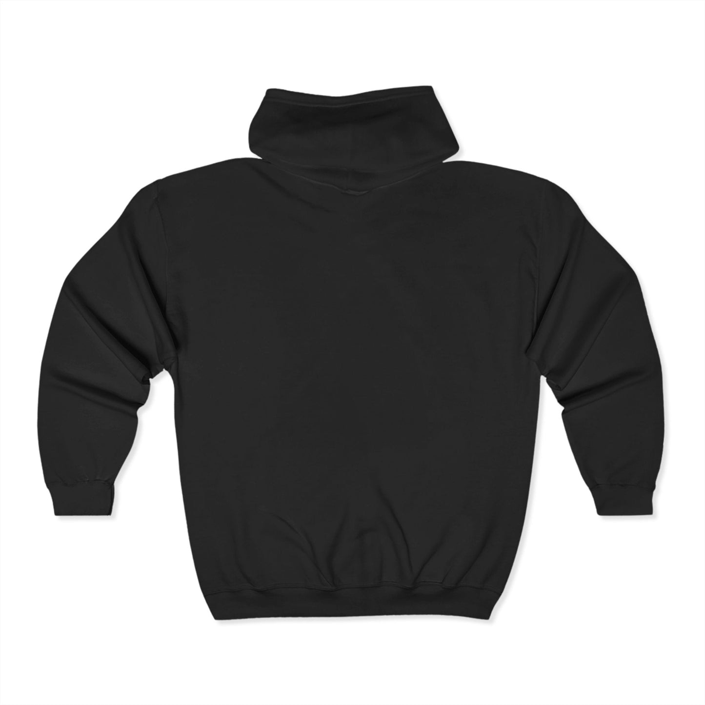 Back view of Black Unisex Full-Zip Hoodie – Clean minimalist silhouette with hood and ribbed trims, perfect for casual streetwear or layered outfits.