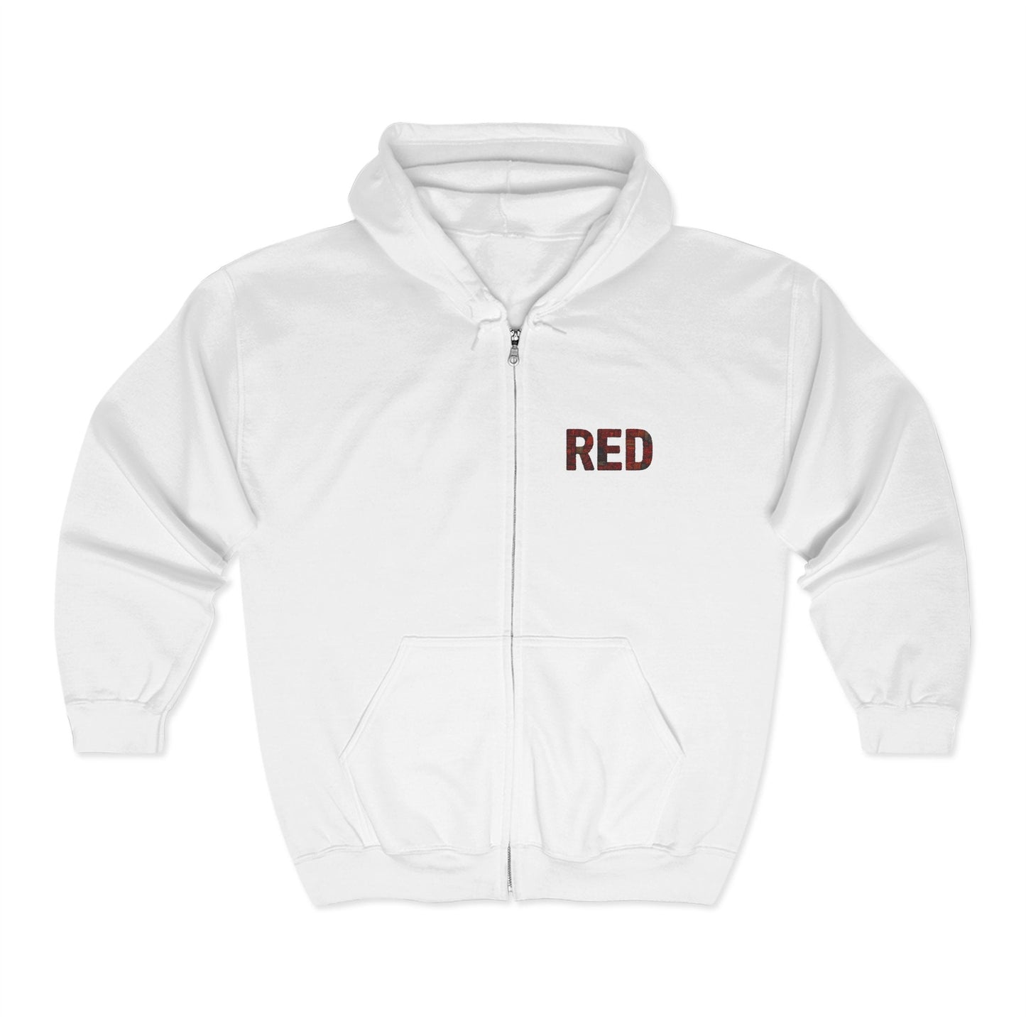 Unisex Full-Zip Hoodie in White with Minimalist “RED” Typography on Chest – Comfortable Streetwear Style with Front Pockets and Ribbed Cuffs.