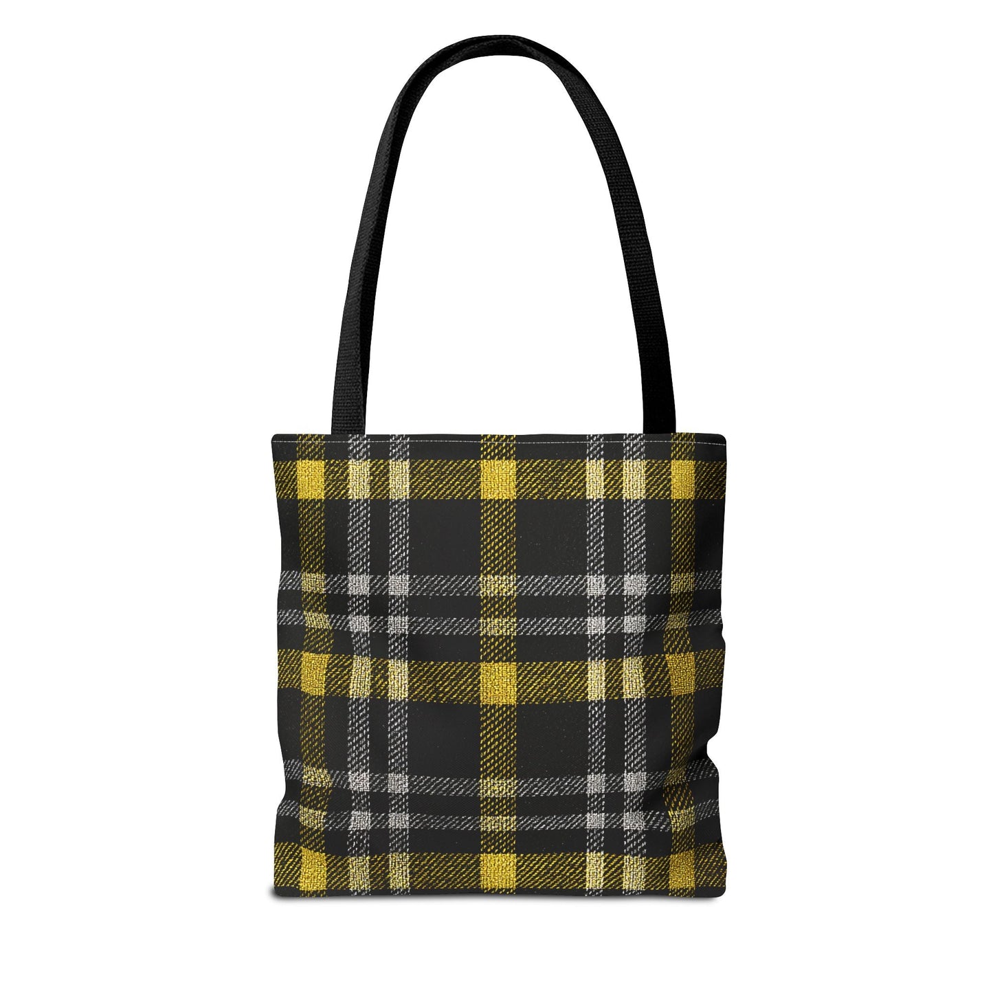 Tote bag with yellow, black, grey, and white tartan check. A bold, unisex accessory that blends classic plaid with modern everyday style.