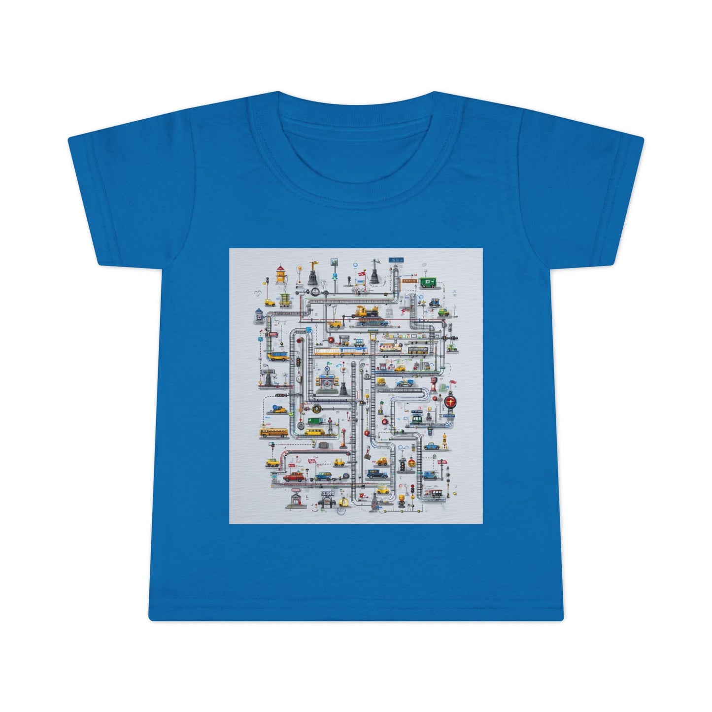 Blue toddler T-shirt with a playful city maze graphic featuring colorful roads, vehicles, and urban landmarks for an engaging, educational design.