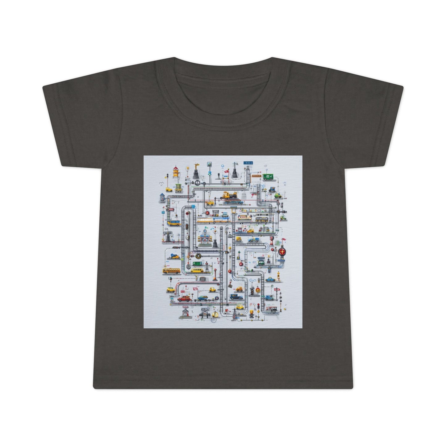 Charcoal toddler T-shirt featuring a colorful transportation-themed maze design with roads, vehicles, and city icons for a fun and educational look.