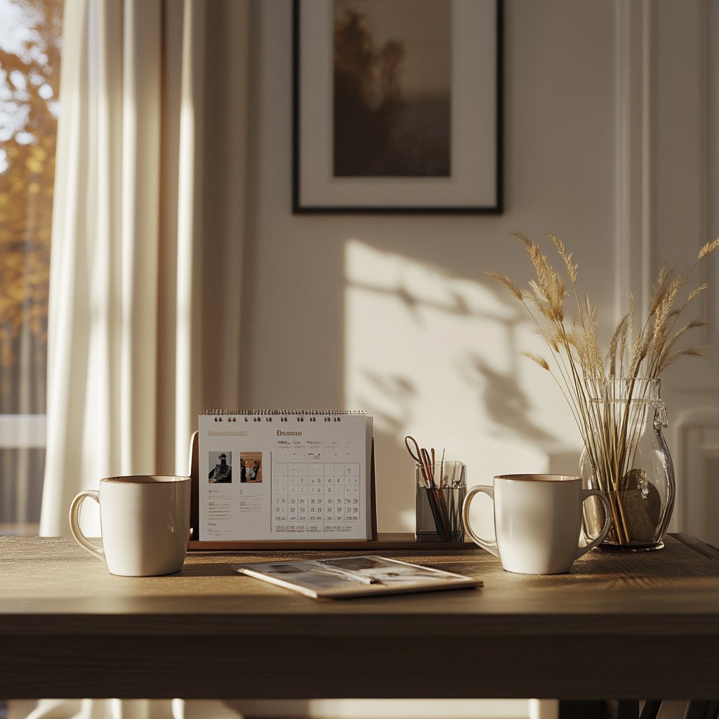 A photo featuring mugs, calendars, and artwork.