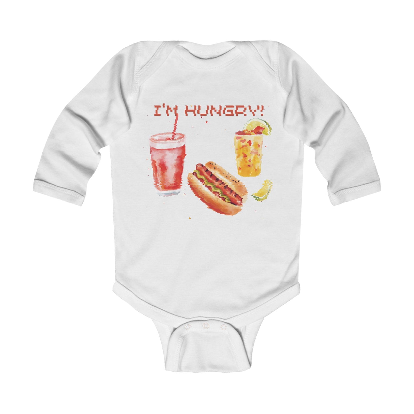 A white long-sleeve bodysuit featuring a vibrant illustration of a hot dog and drink with the text "I'M HUNGRY!".