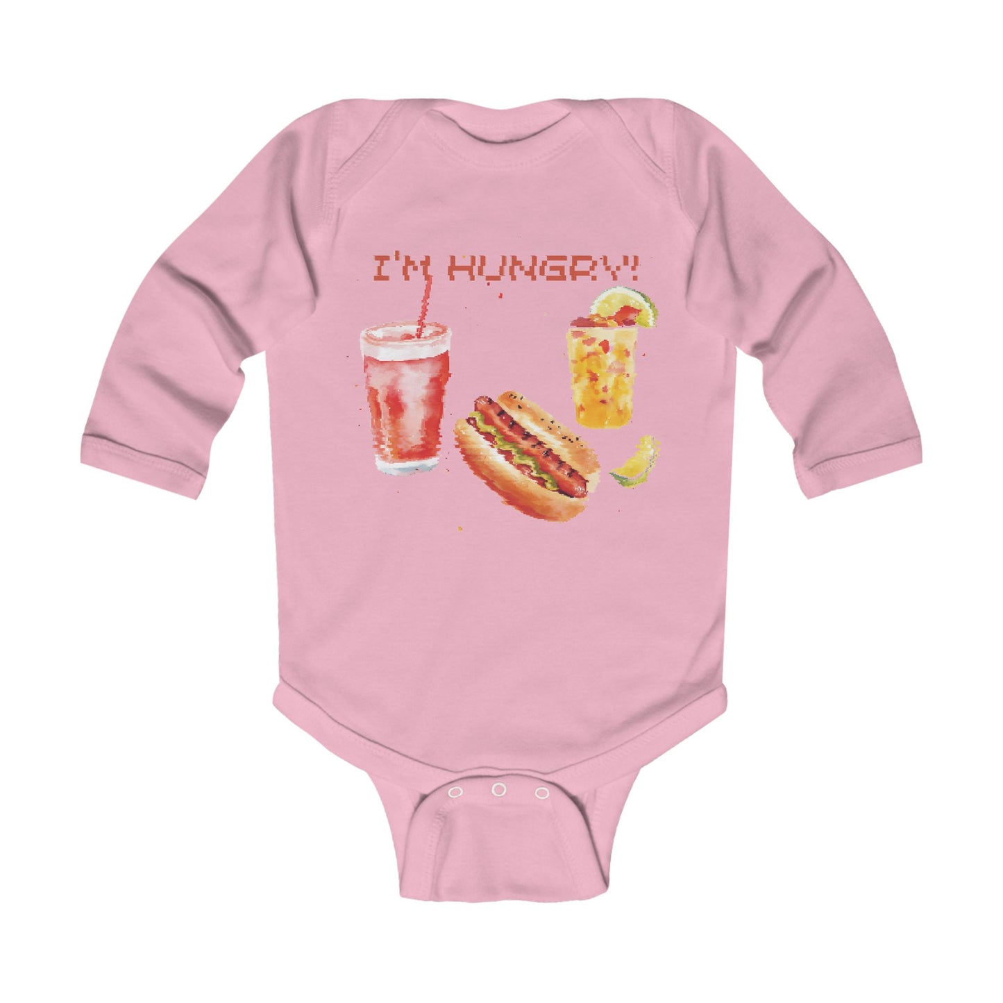 A pink long-sleeve bodysuit featuring a vibrant illustration of a hot dog and drink with the text "I'M HUNGRY!".