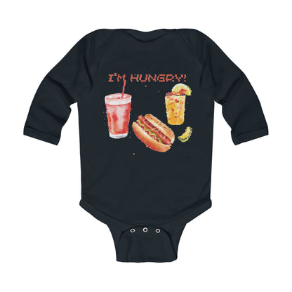 A black long-sleeve bodysuit featuring a vibrant illustration of a hot dog and drink with the text "I'M HUNGRY!".