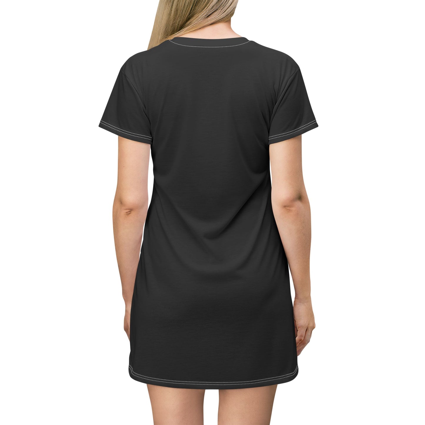 The back view of a girl wearing a black T-shirt dress.