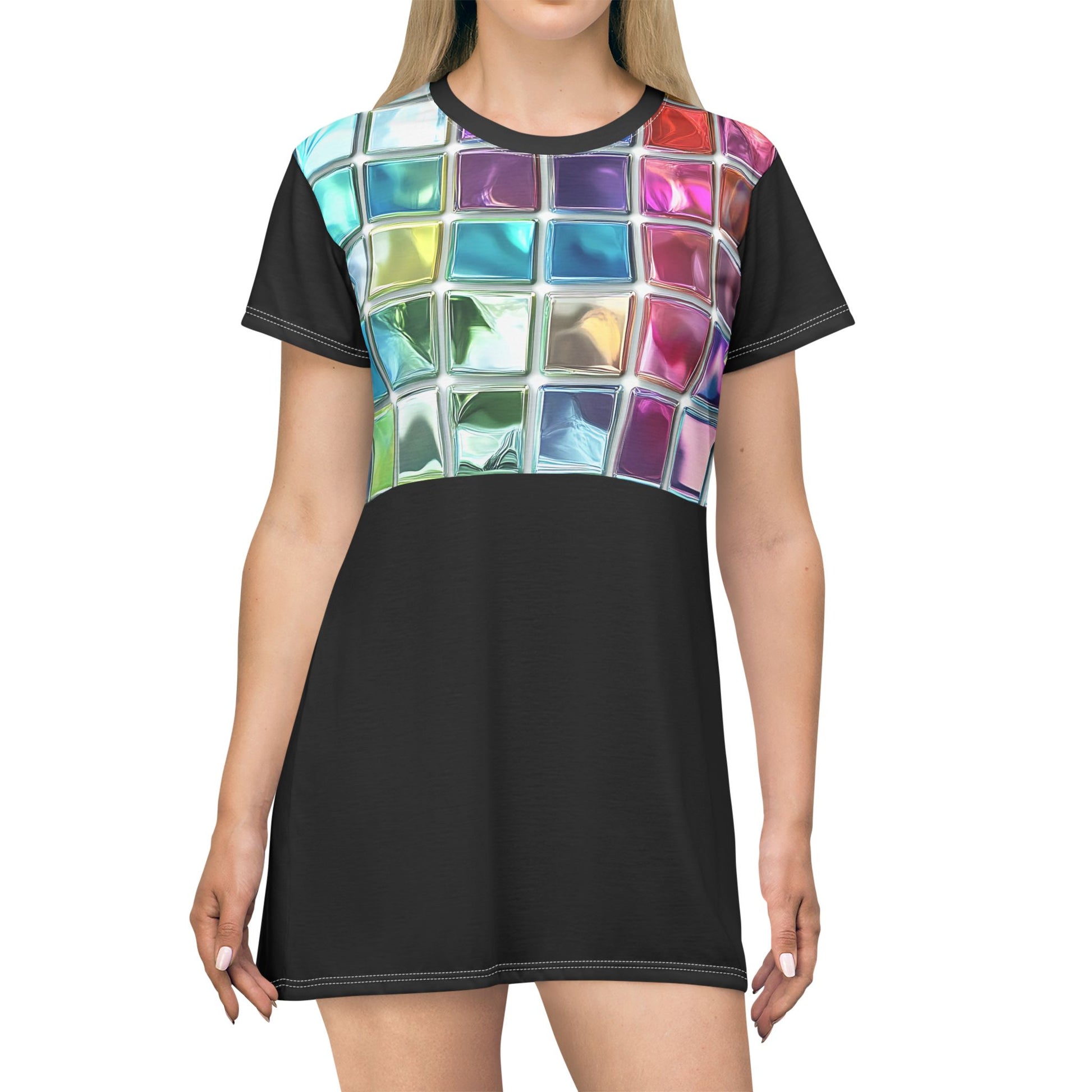 A girl wearing a T-shirt dress with a playful design that adds a pop of color.