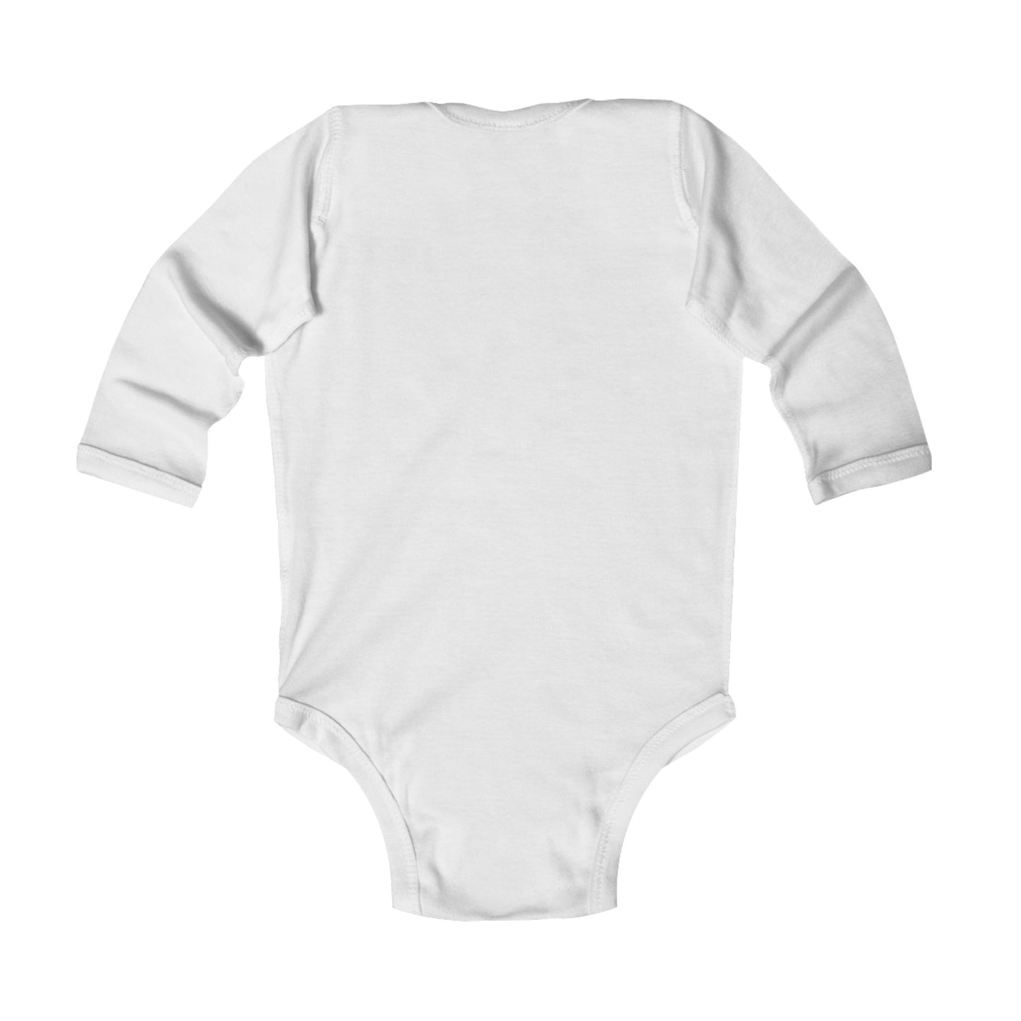 The back side of a white long-sleeve bodysuit.