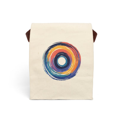 A beige lunch bag featuring an abstract circular design with vibrant brushstrokes in orange, red, yellow, and blue, viewed from the front.