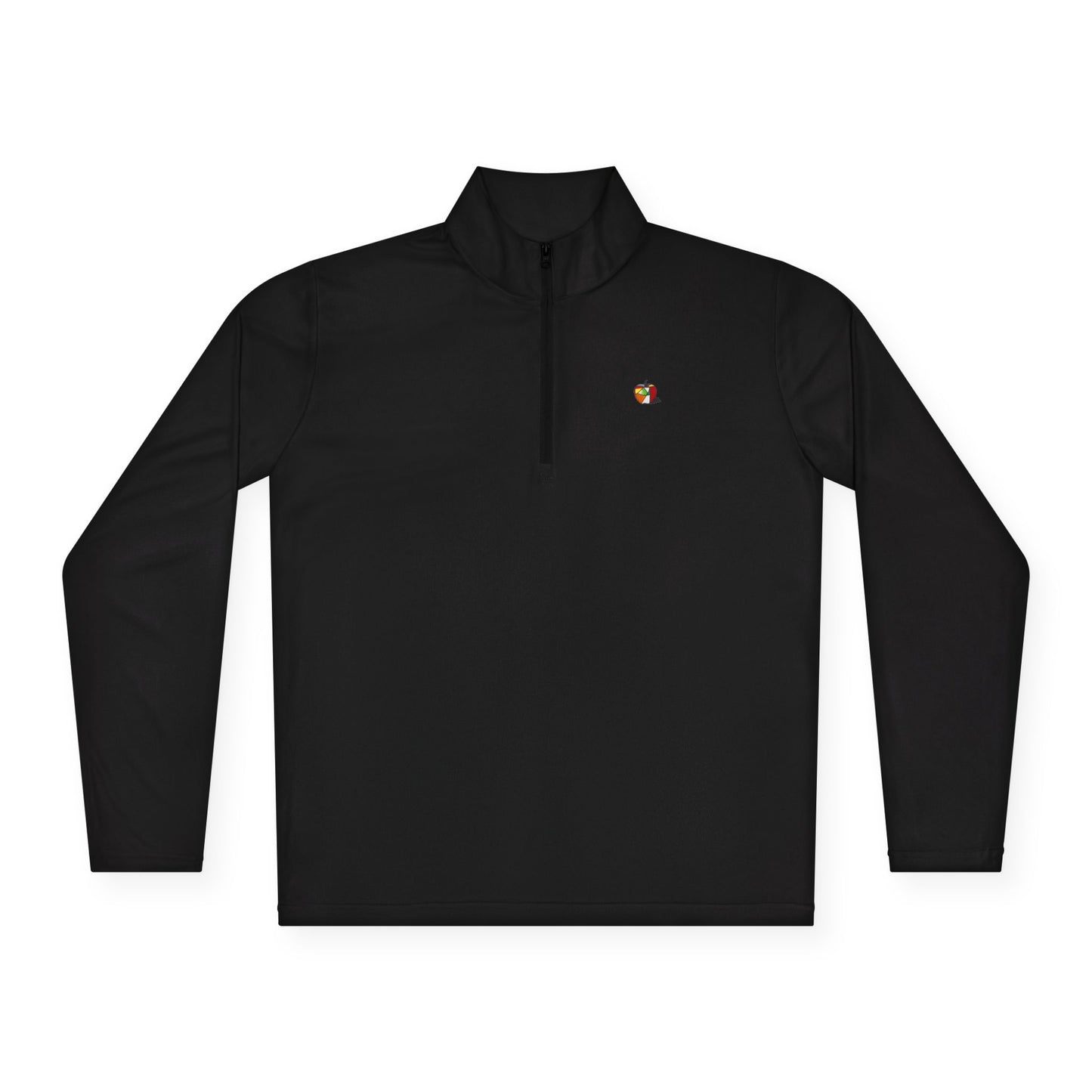 A black pullover featuring a subtle yet striking Picasso-style apple design on the left chest.