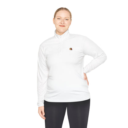 A woman wearing a white pullover featuring a subtle yet striking Picasso-style apple design on the left chest.