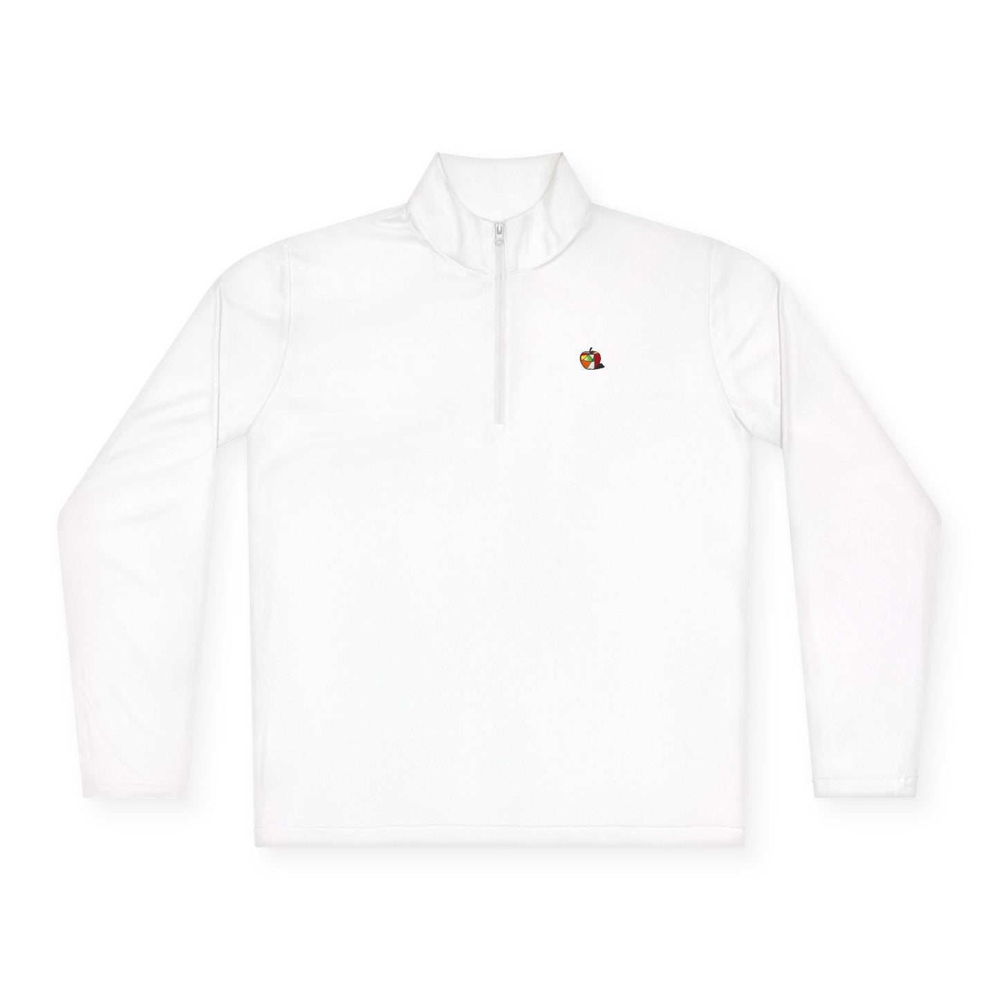 A white pullover featuring a subtle yet striking Picasso-style apple design on the left chest.