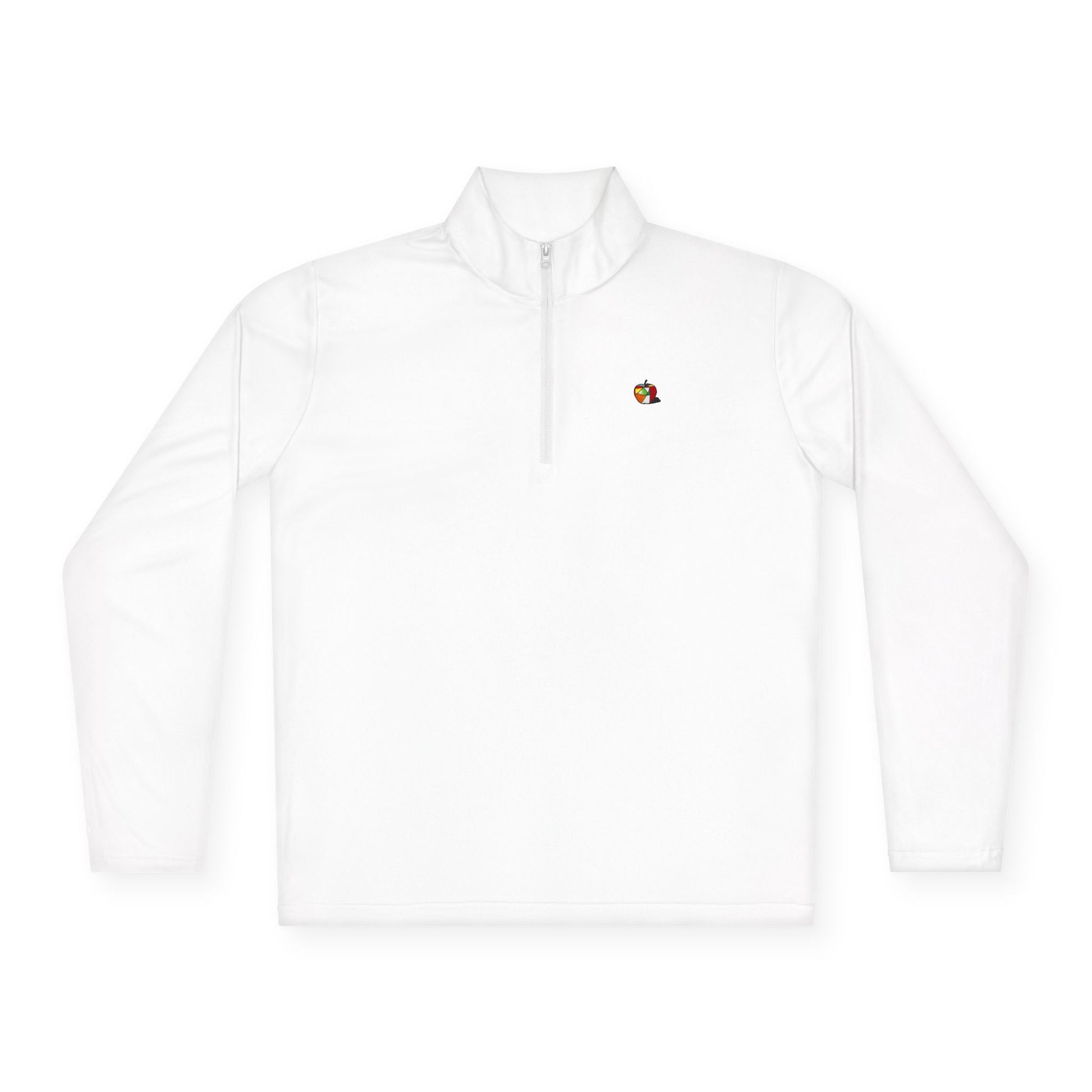 A white pullover featuring a subtle yet striking Picasso-style apple design on the left chest.