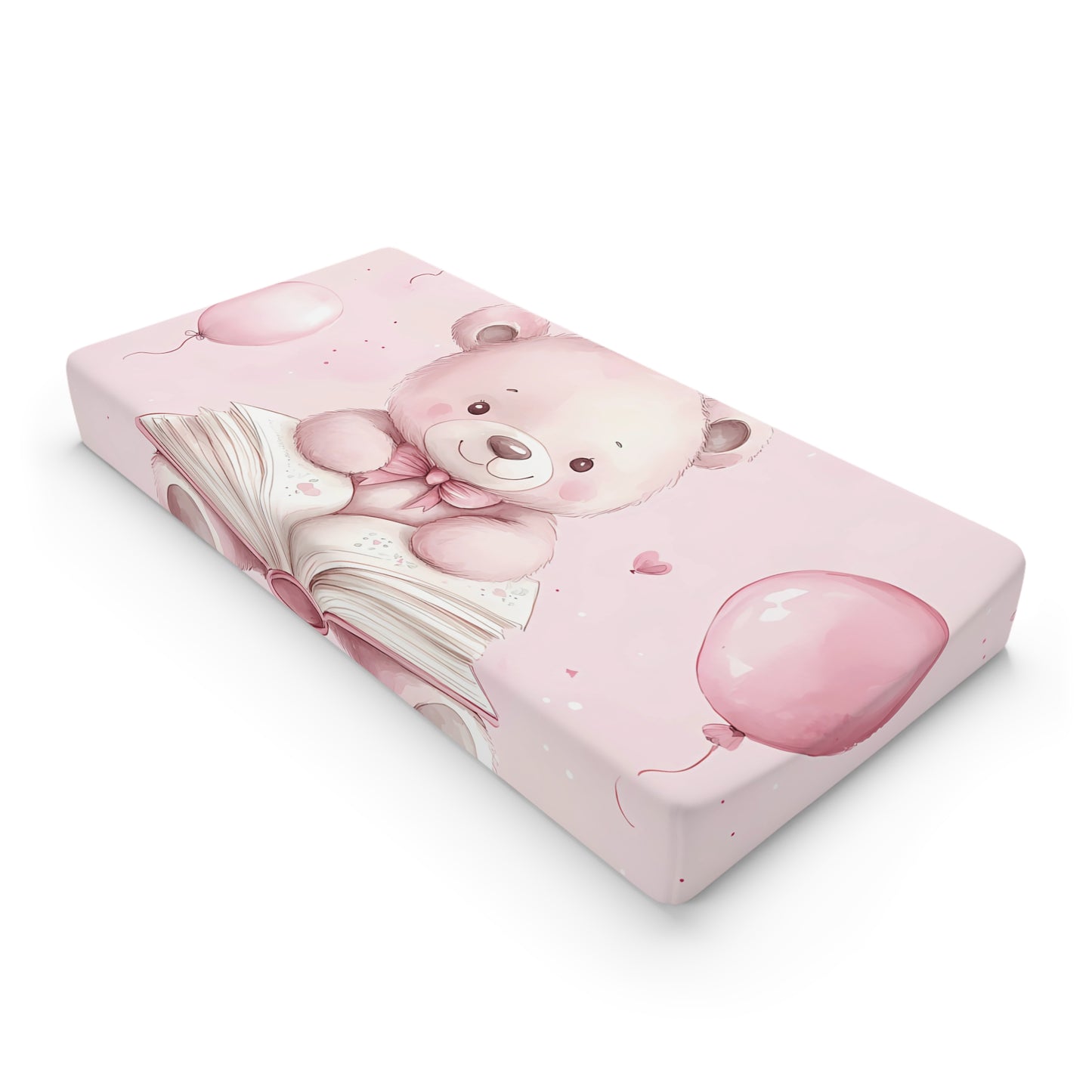 A baby changing pad cover featuring an adorable pink bear, set against a soft pink background, with scattered motifs of balloons, gift boxes, and hearts.