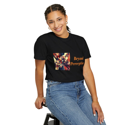 A woman sitting on a chair while wearing a black T-shirt featuring an enchanting abstract design and refined typography.