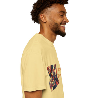 A man facing right while wearing a butter-colored T-shirt featuring an enchanting abstract design and refined typography.