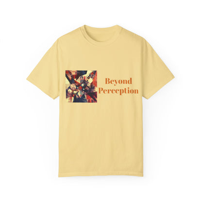 A butter-colored T-shirt featuring an enchanting abstract design and refined typography.