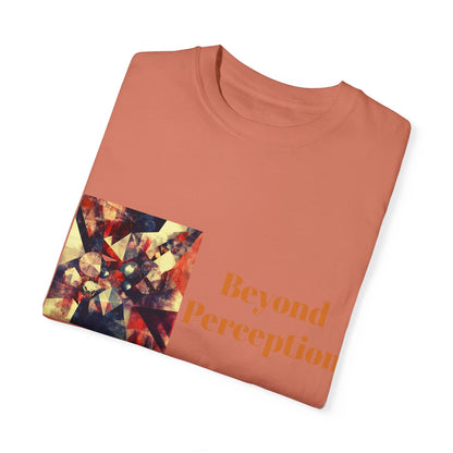 A neatly folded terracotta T-shirt featuring an enchanting abstract design and refined typography.