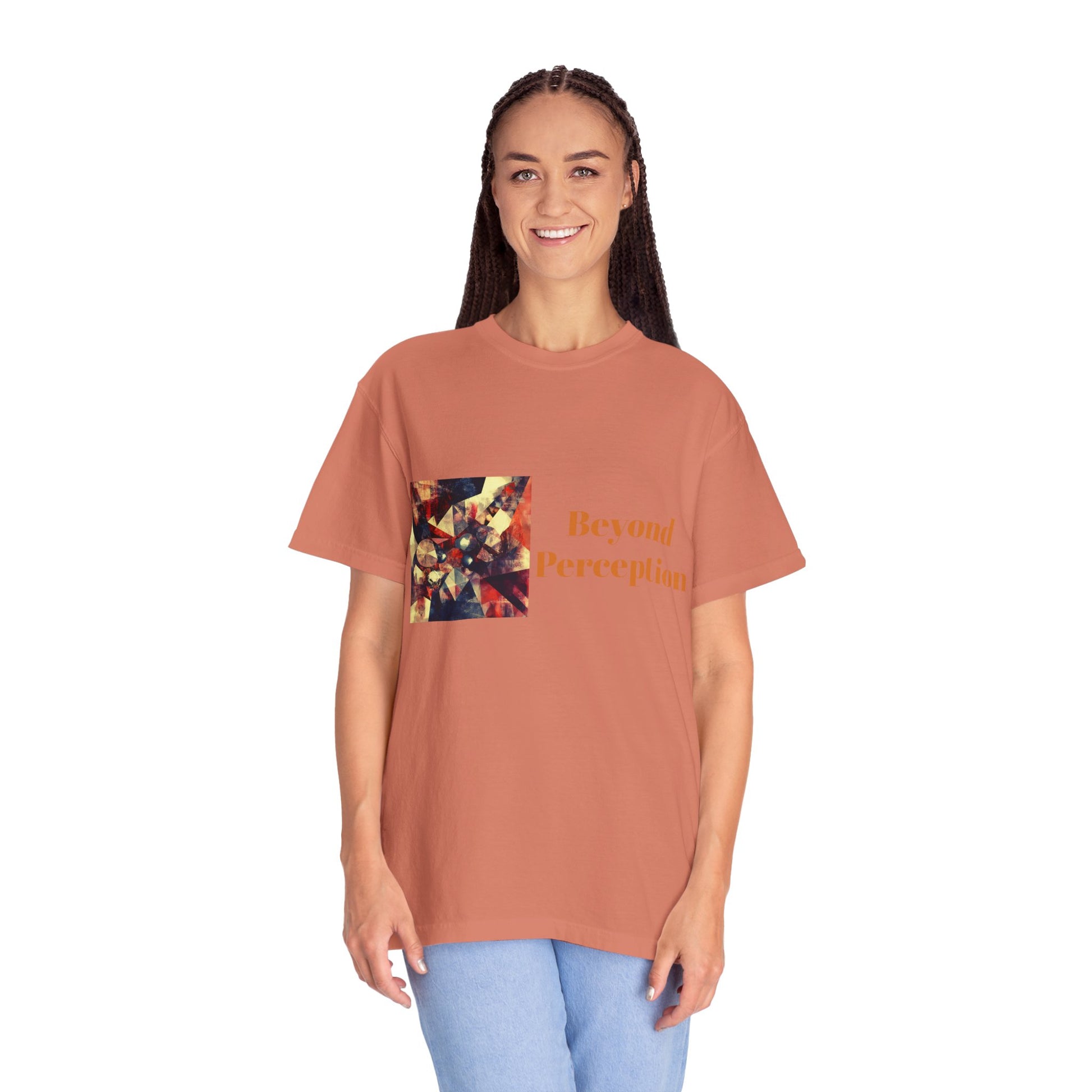 A woman standing while wearing a terracotta T-shirt featuring an enchanting abstract design and refined typography.