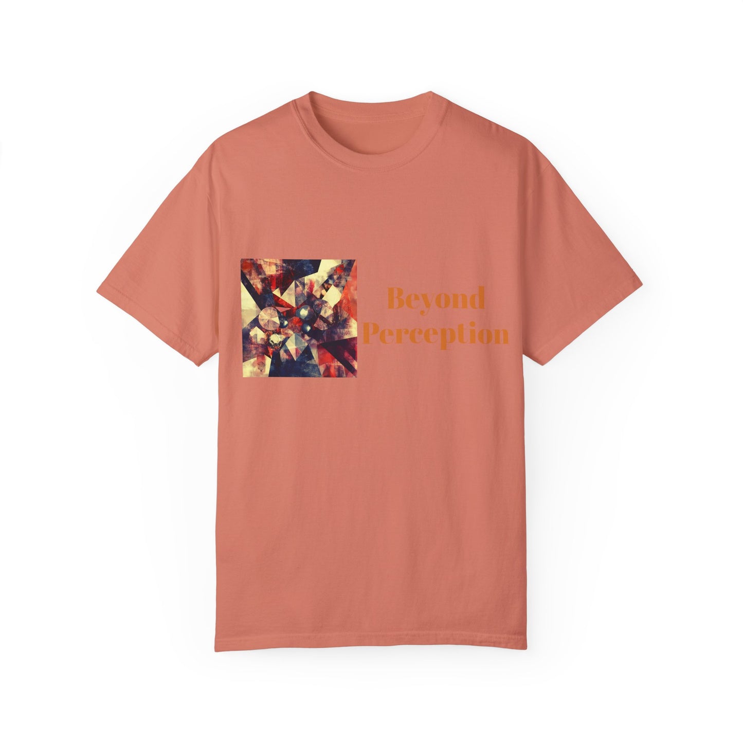 A terracotta T-shirt featuring an enchanting abstract design and refined typography.