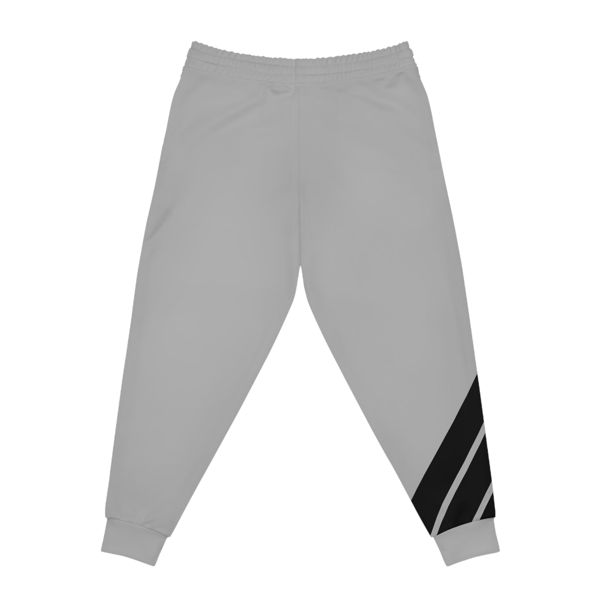 A rear view of gray jogger pants featuring bold geometric patterns for a modern look, with a black diagonal line accent on the right calf.
