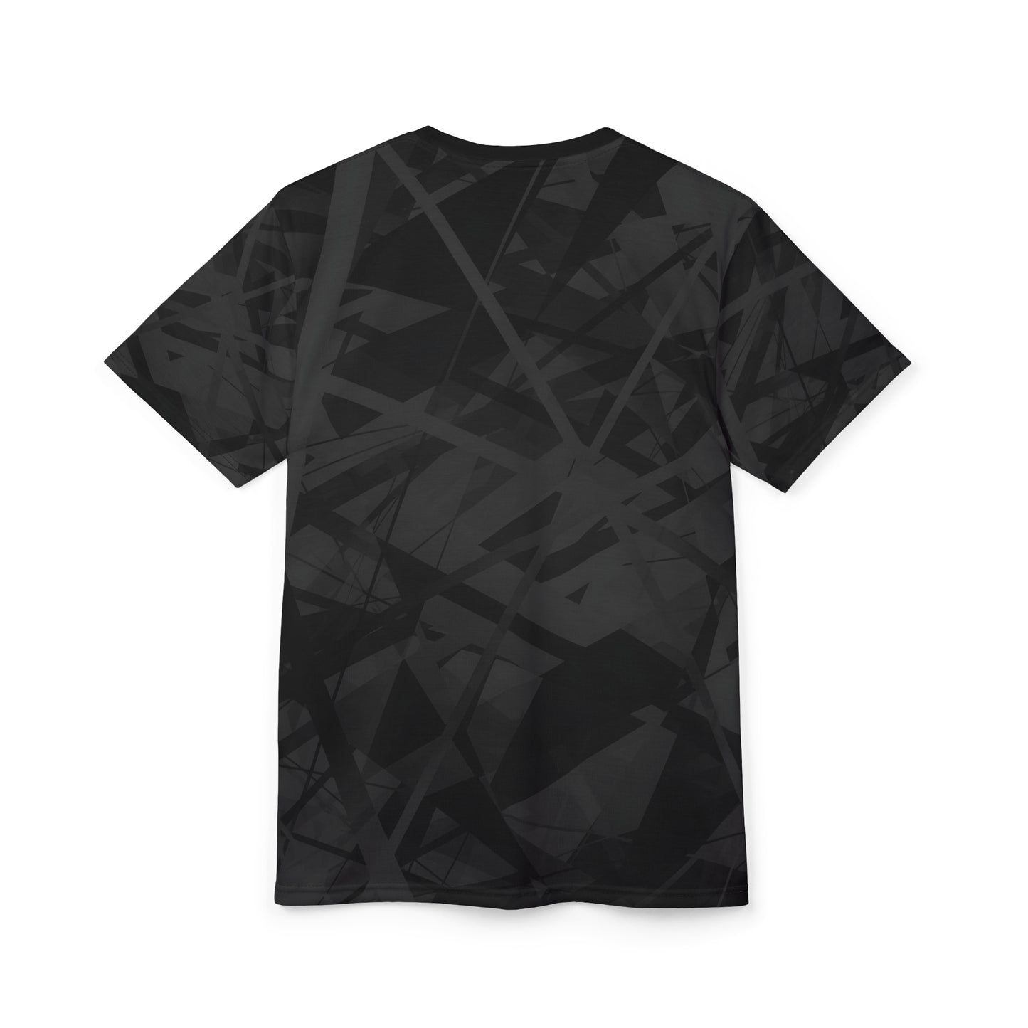 The back side of this sophisticated all-over black geometric pattern T-shirt.