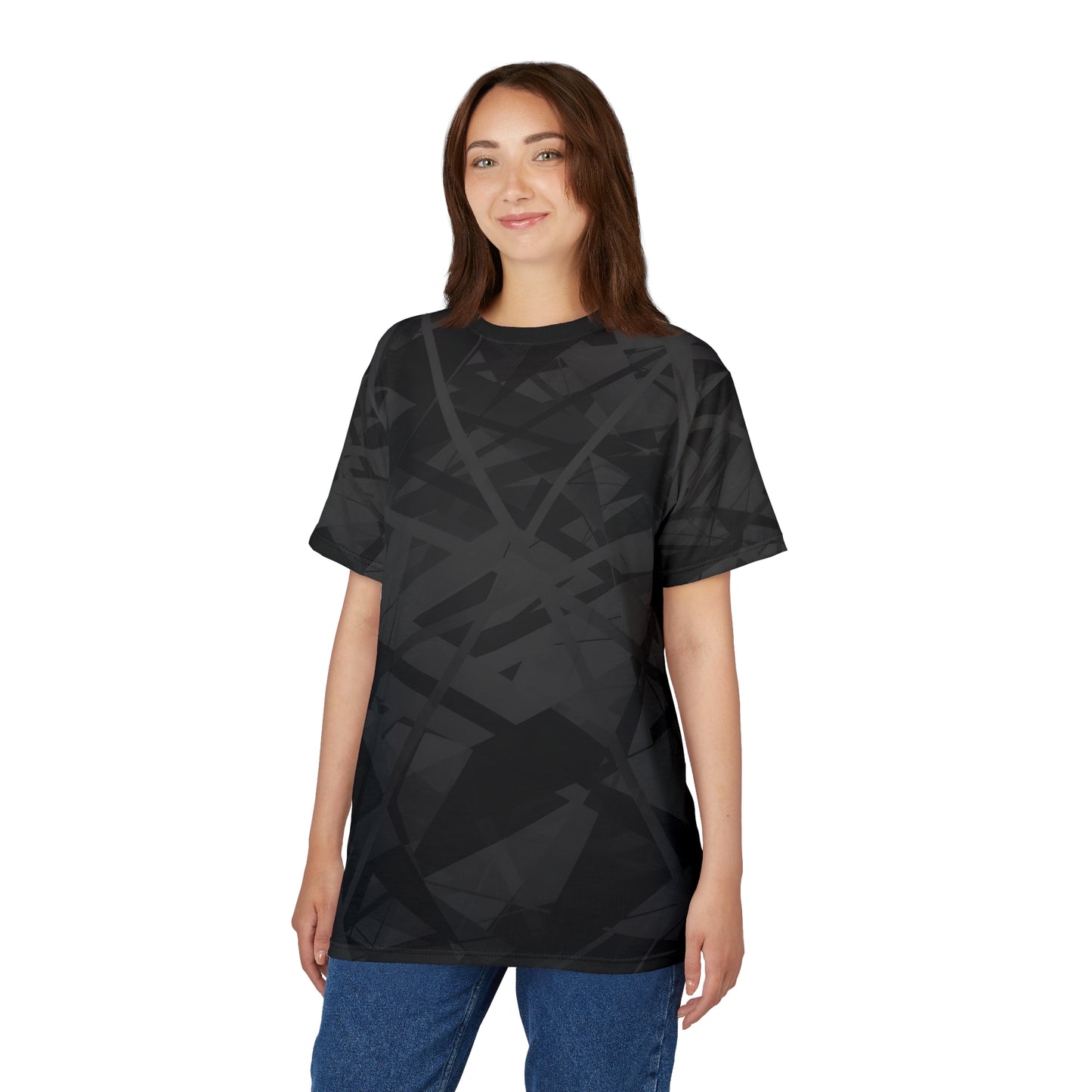 This sophisticated all-over black geometric patterned T-shirt is being worn by a woman facing forward.