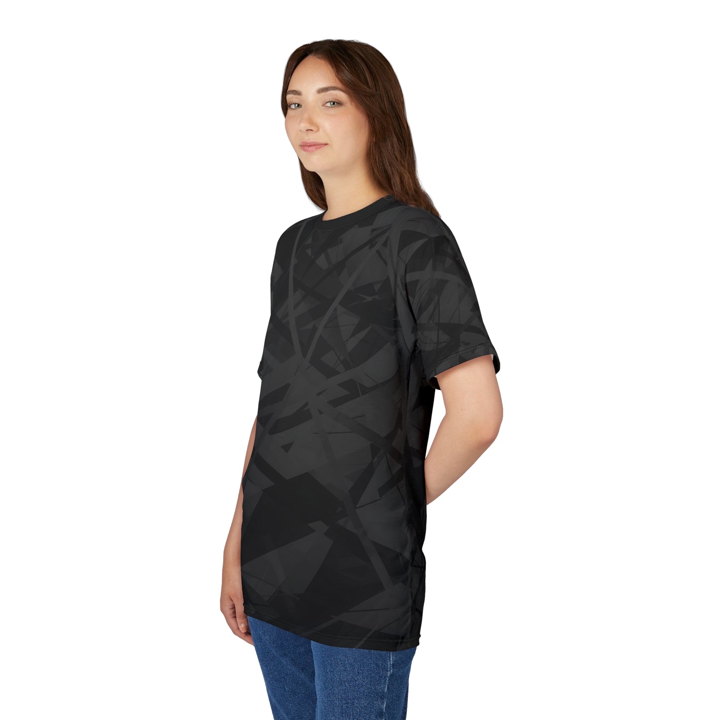 This sophisticated all-over black geometric patterned T-shirt is being worn by a woman facing forward.