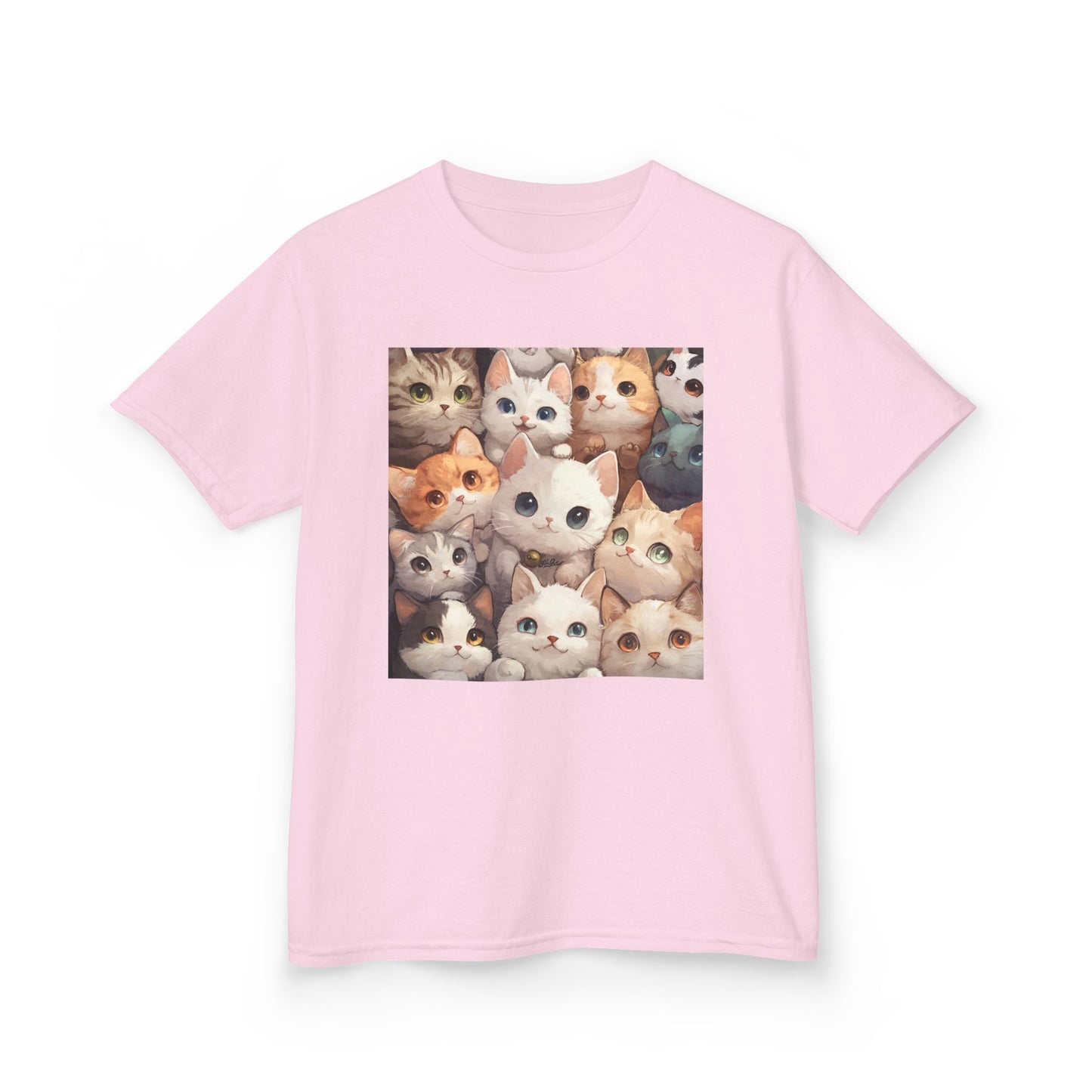 A Light Pink T-shirt featuring a charming design with an abundance of adorable cats.