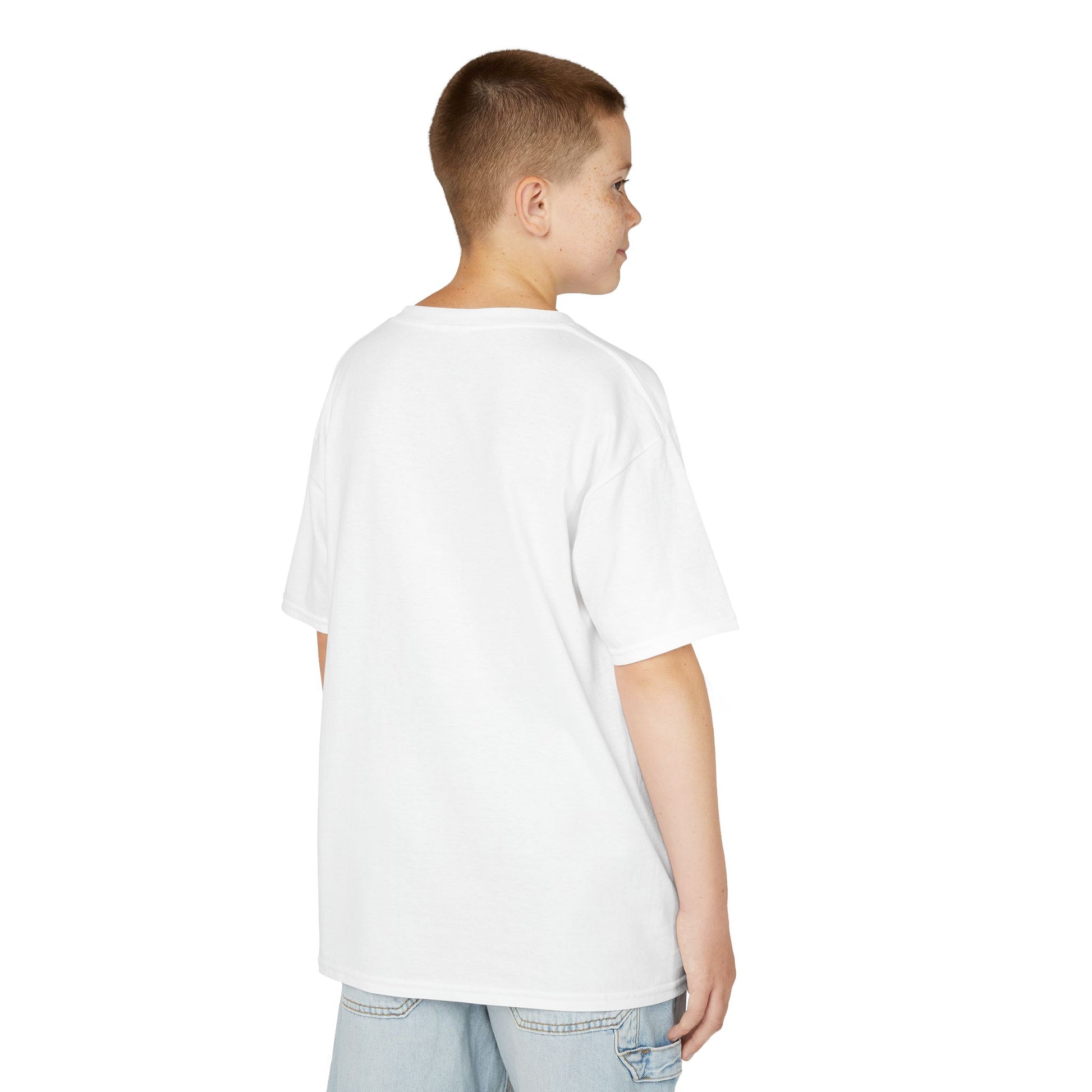 A young boy standing with his back turned, wearing a White T-shirt.