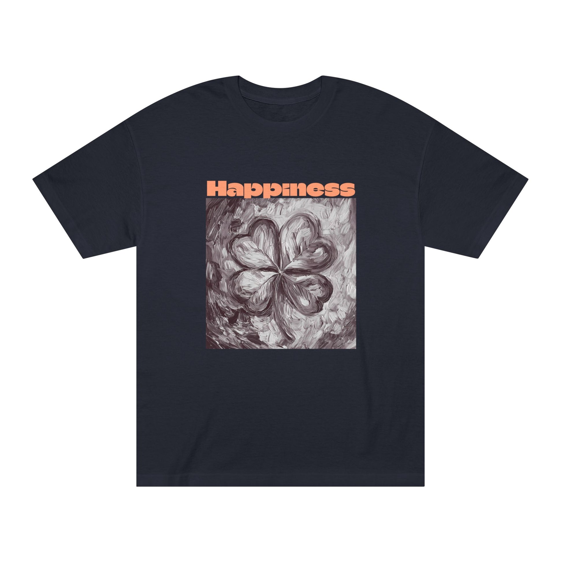 A black T-shirt featuring the word "Happiness" at the top, adorned with a bold black and white four-leaf clover illustration.