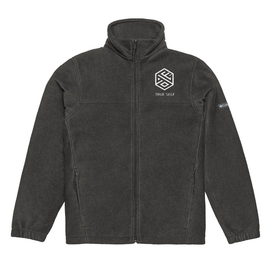 Men’s Charcoal Fleece Jacket with “TRUE SELF” Embroidered Logo – Columbia Zip-Up Outerwear for Cold Weather.
