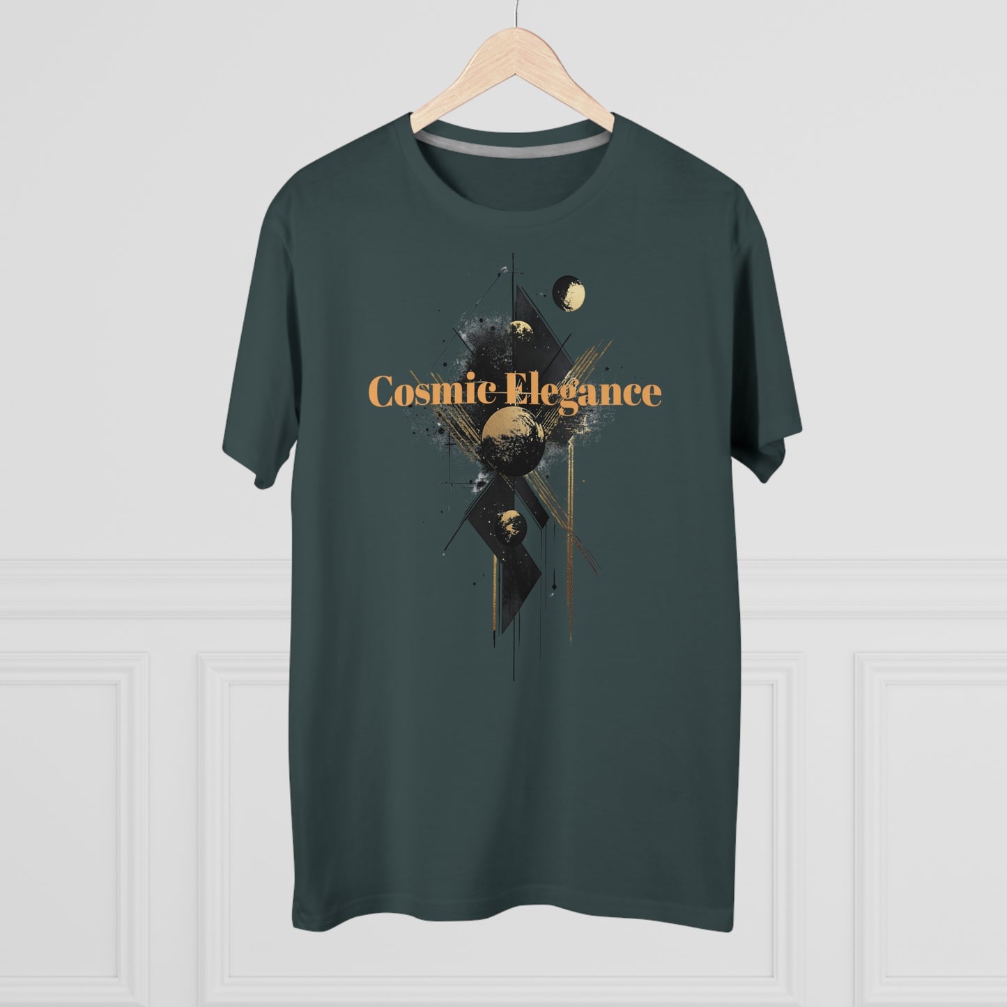 A charcoal T-shirt featuring the design of cosmic elegance, with abstract planetary elements, smooth geometric shapes, and celestial aesthetics, hanging on a hanger.